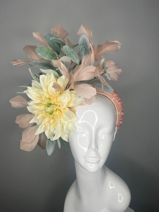 Blush Feather and Yellow Dahlia Fascinator  Romantic Derby Fascinator Hat