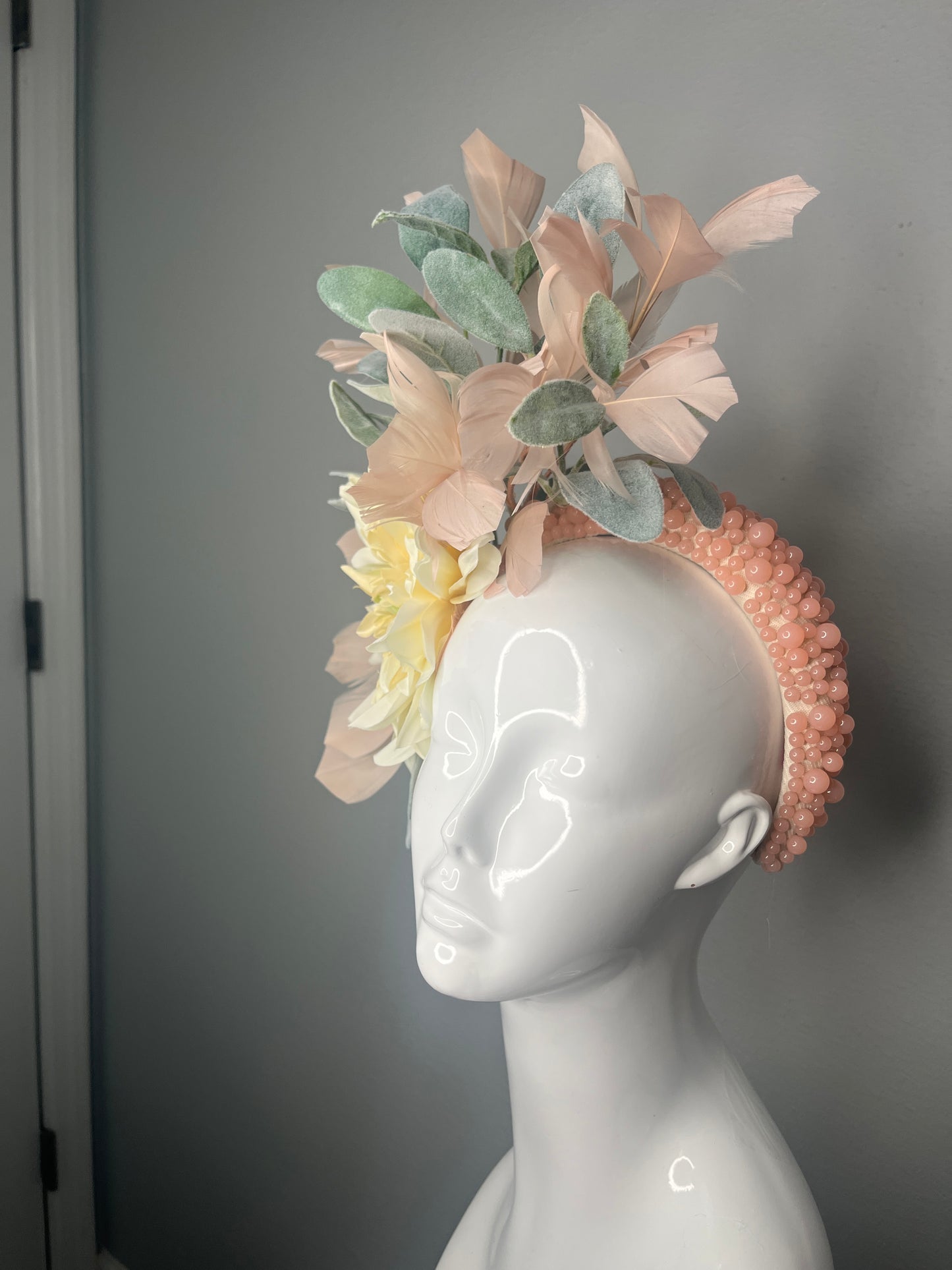 Blush Feather and Yellow Dahlia Fascinator  Romantic Derby Fascinator Hat