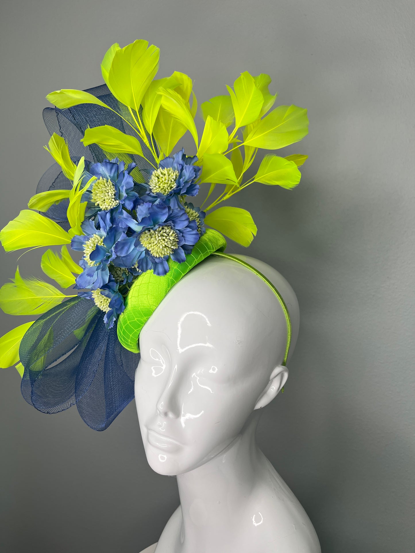 Electric Garden Yellow Feather Blue Crinoline Fascinator Hat