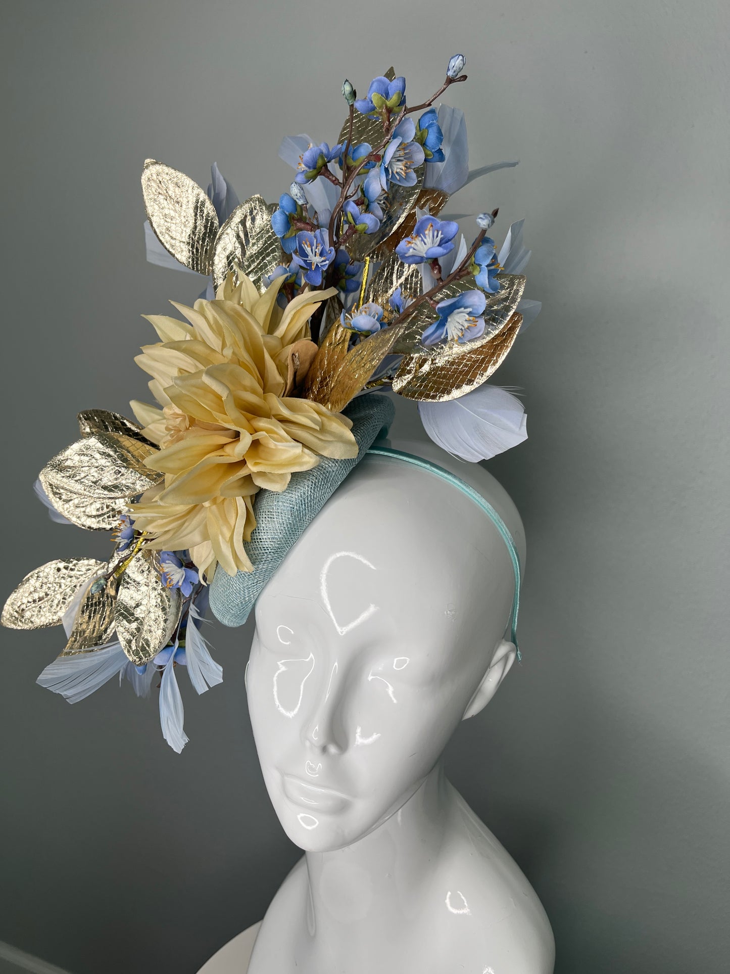Golden Hour Fascinator Blue Gold and Cream Fascinator Hat