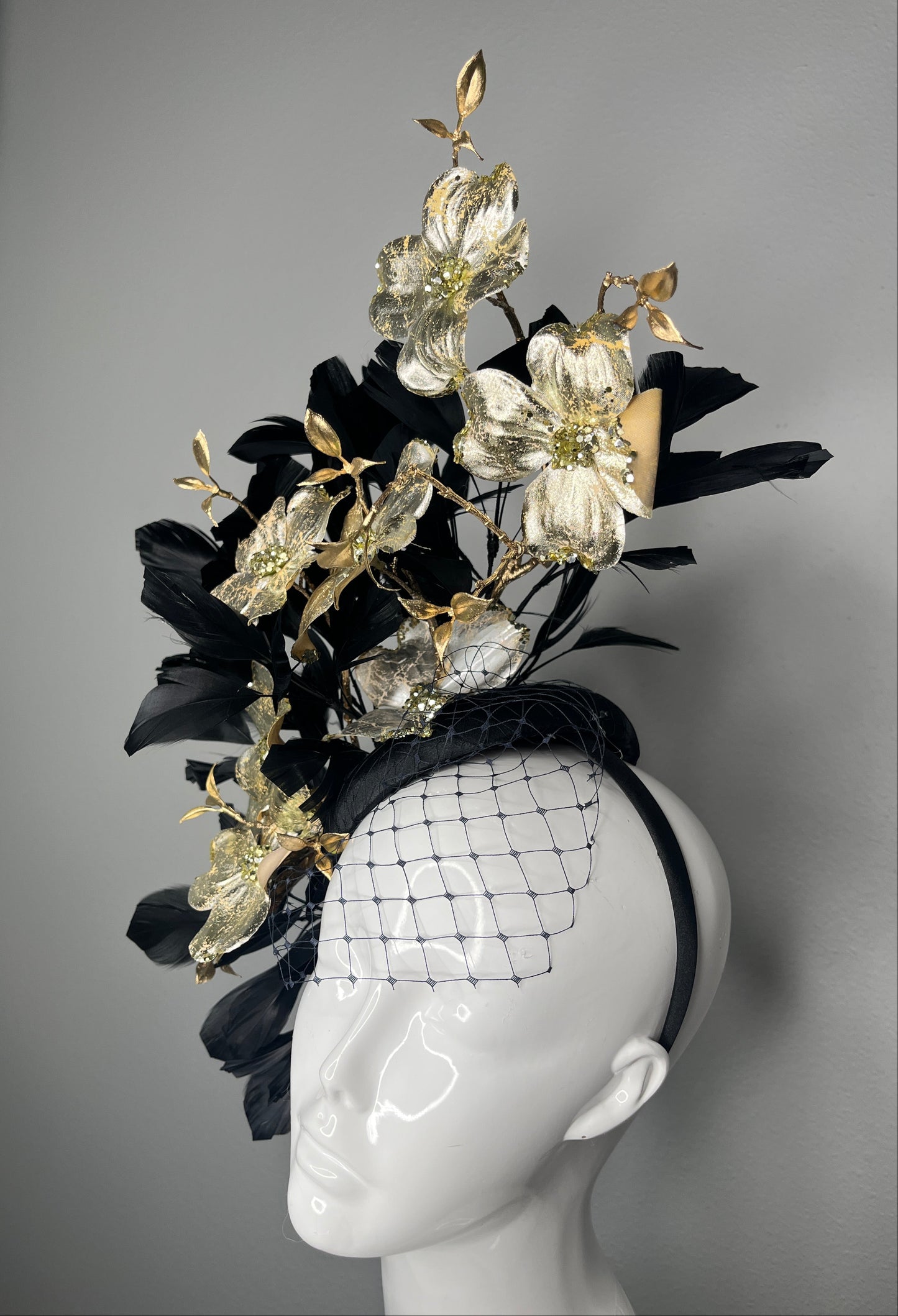 Black Midnight Bloom Black Feathers and Gold Florals Fascinator Hat
