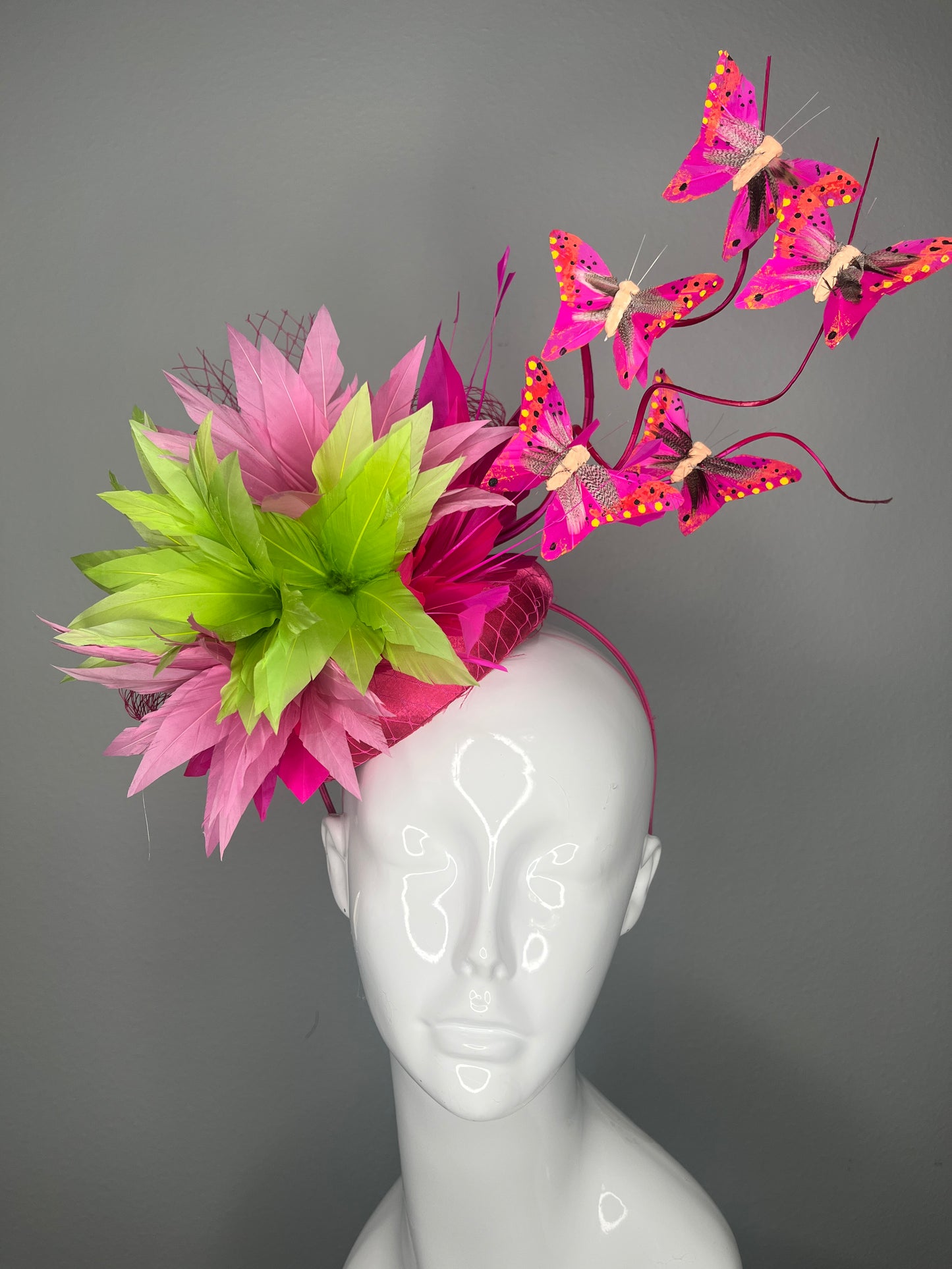 Butterfly Soirée  Couture Feather Fascinator Hat in Hot Pink and Lime