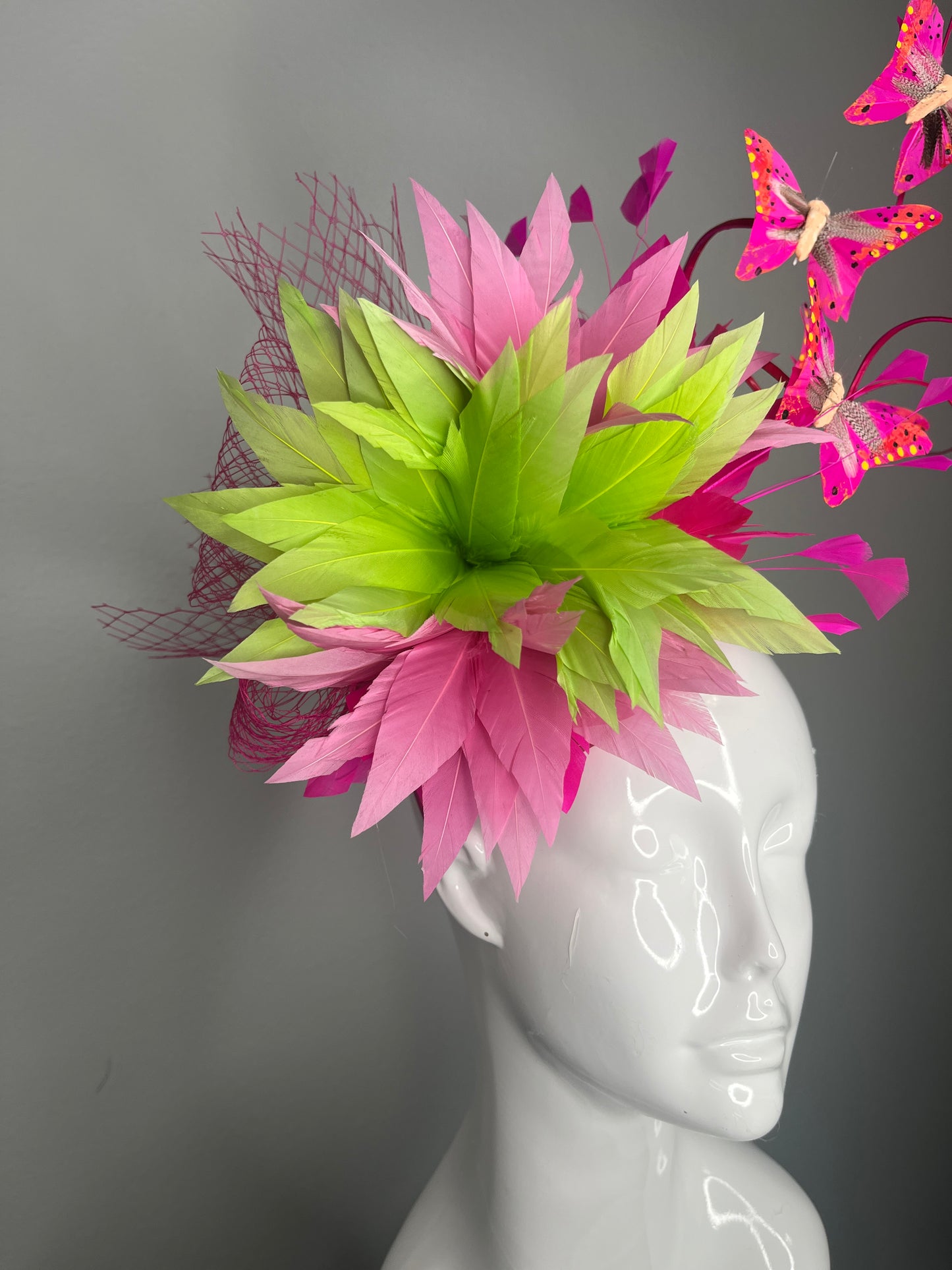 Butterfly Soirée  Couture Feather Fascinator Hat in Hot Pink and Lime