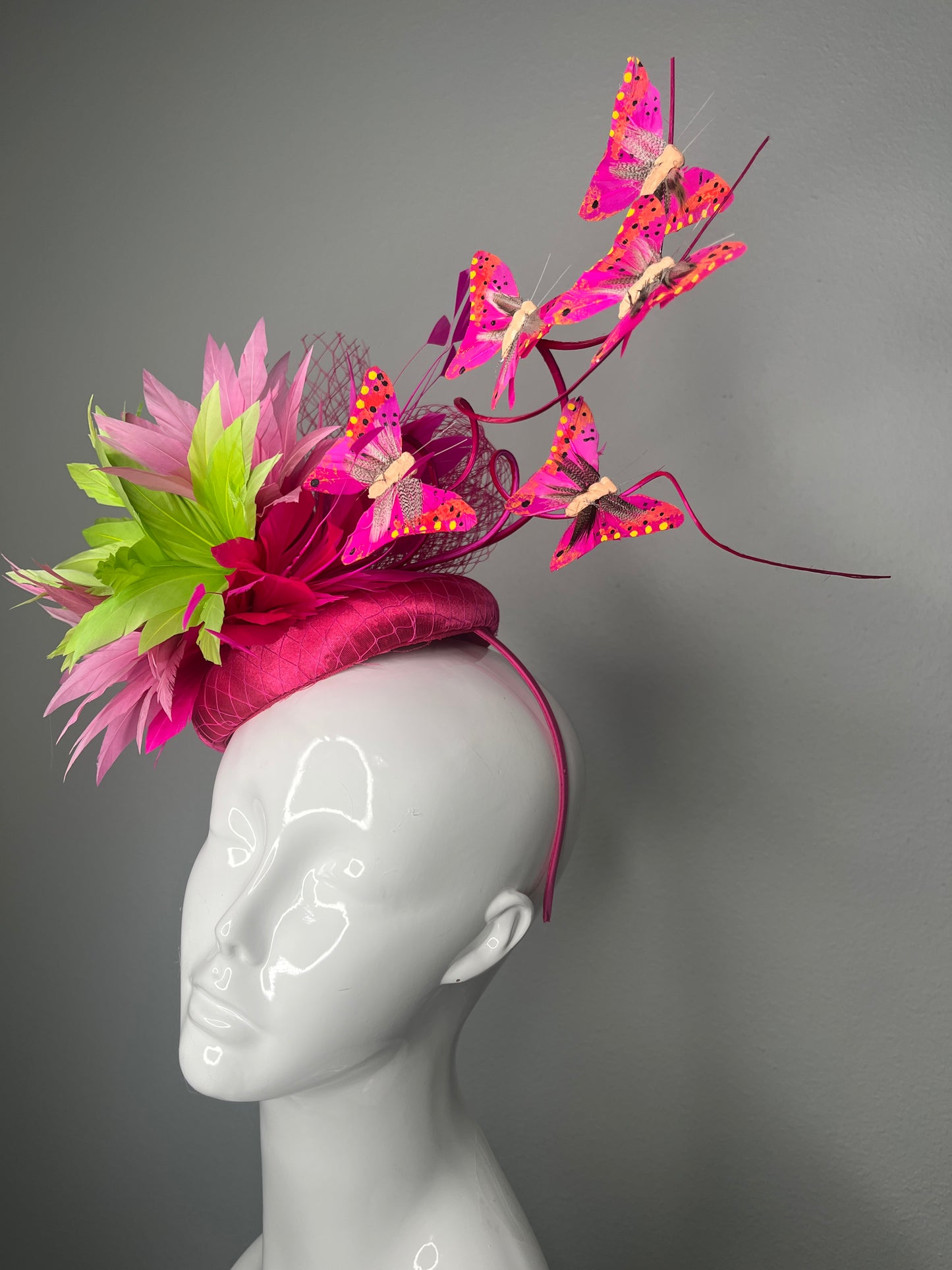 Butterfly Soirée  Couture Feather Fascinator Hat in Hot Pink and Lime