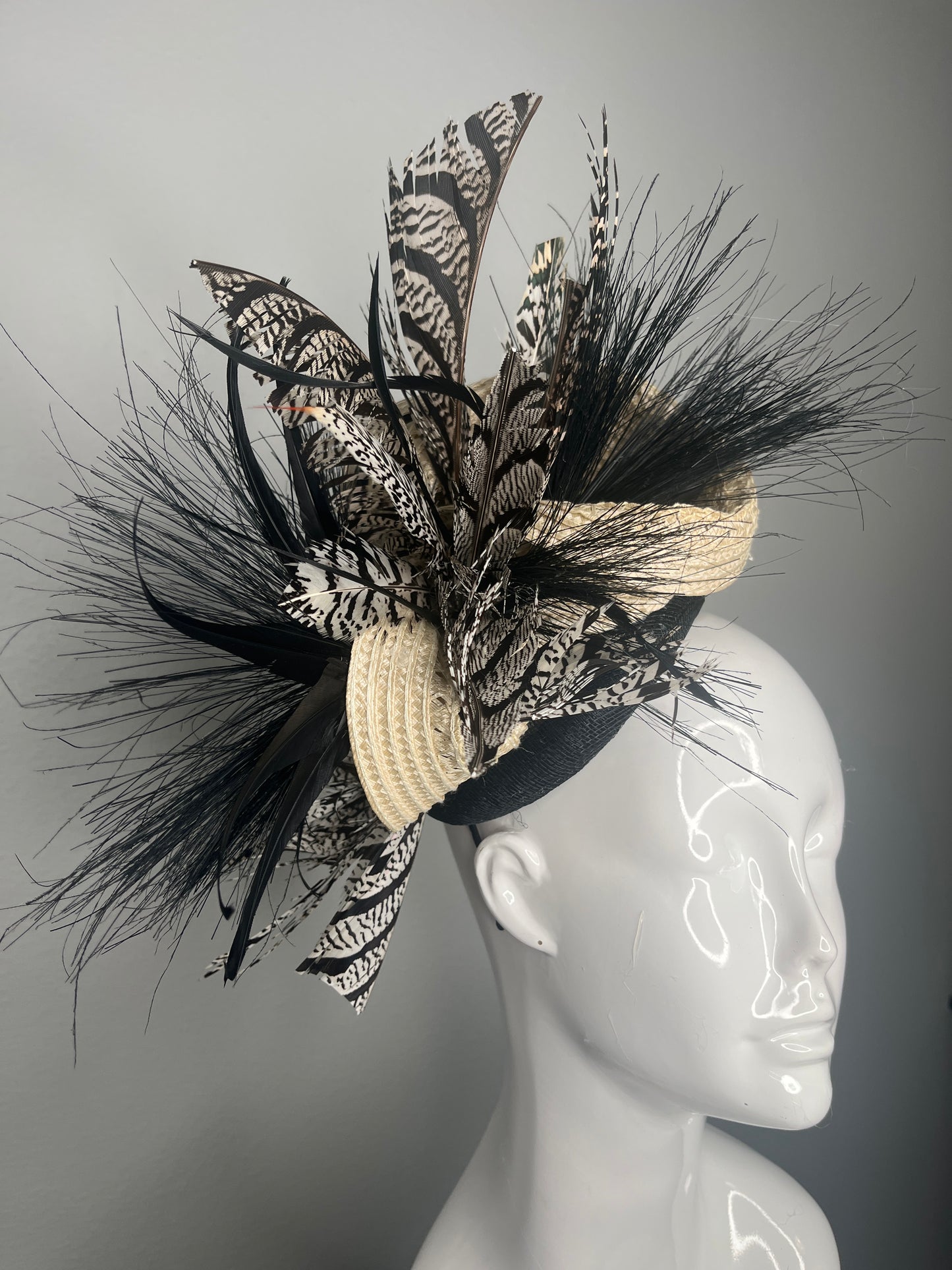 Noir Enchanté  Couture Feather Fascinator Hat in Ivory and Black