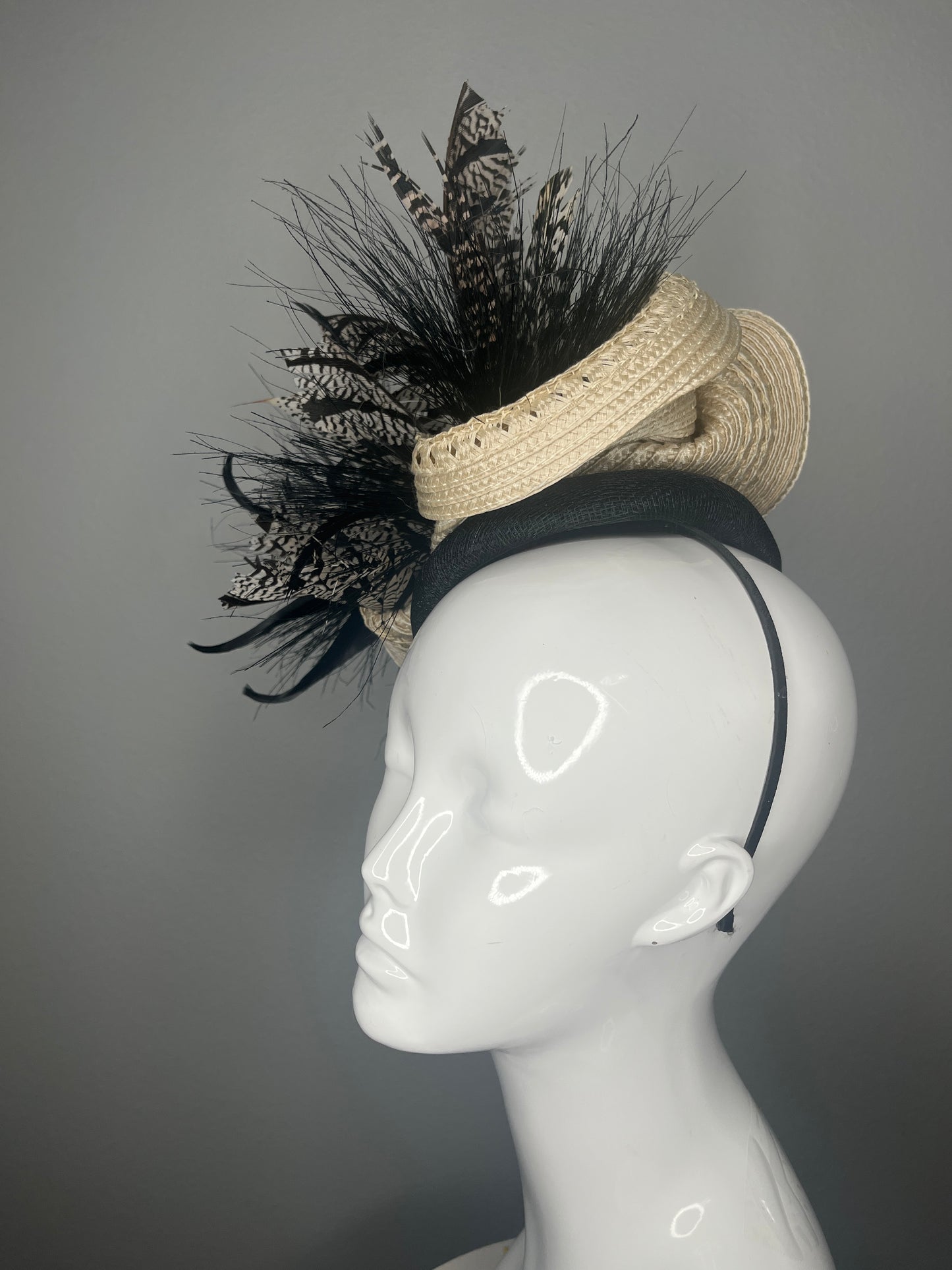 Noir Enchanté  Couture Feather Fascinator Hat in Ivory and Black