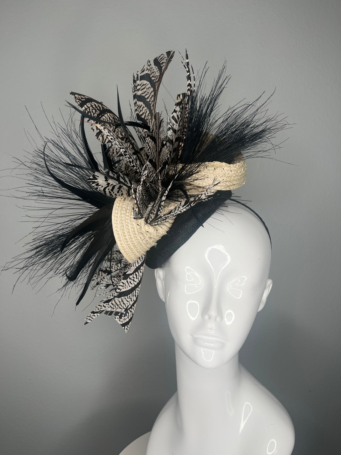 Noir Enchanté  Couture Feather Fascinator Hat in Ivory and Black