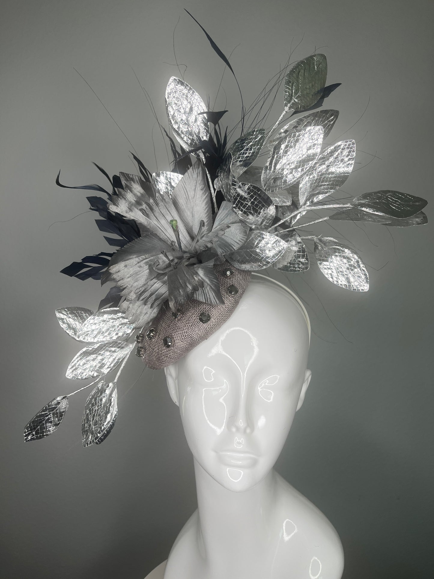 Midnight Metallic Reverie Navy Feathers Silver Leaves Gray Sinamay Base Fascinator Hat