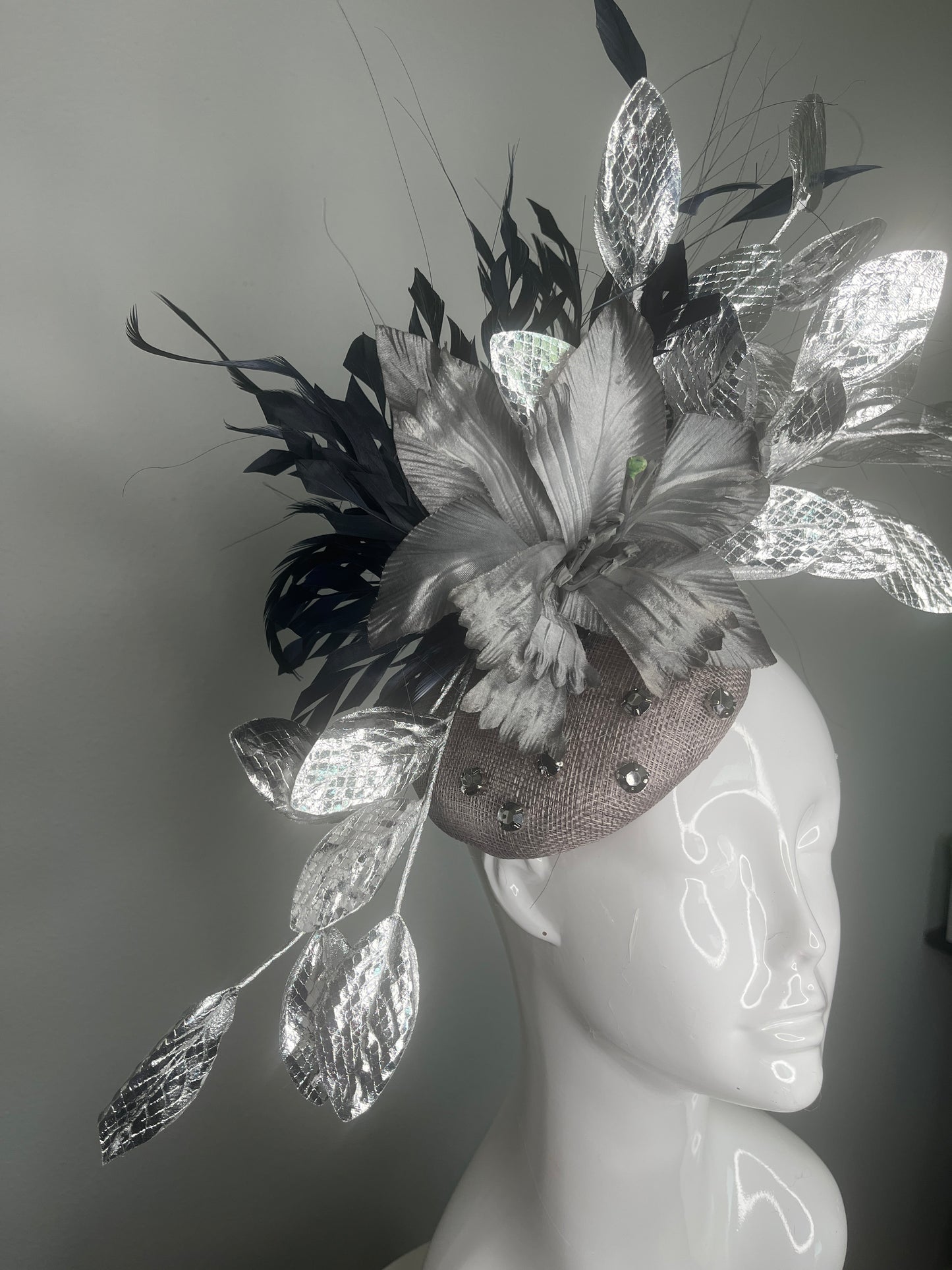 Midnight Metallic Reverie Navy Feathers Silver Leaves Gray Sinamay Base Fascinator Hat