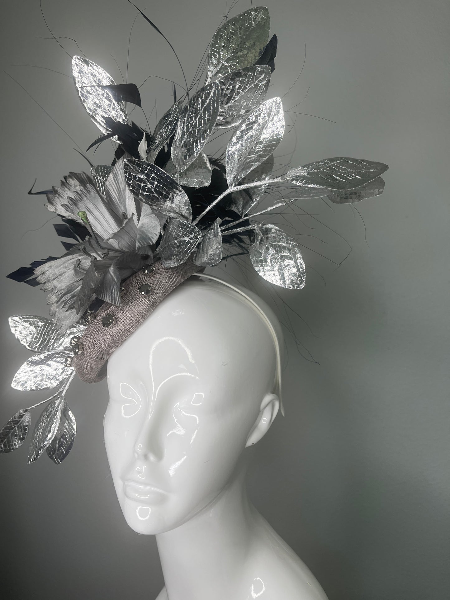 Midnight Metallic Reverie Navy Feathers Silver Leaves Gray Sinamay Base Fascinator Hat