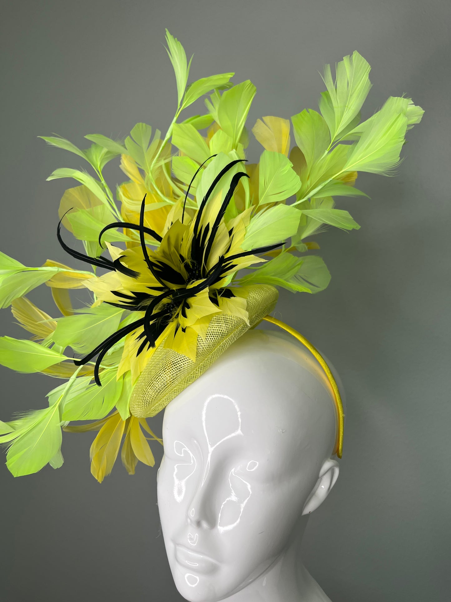 Yellow and Green Feather Sinamay fascinator Hat