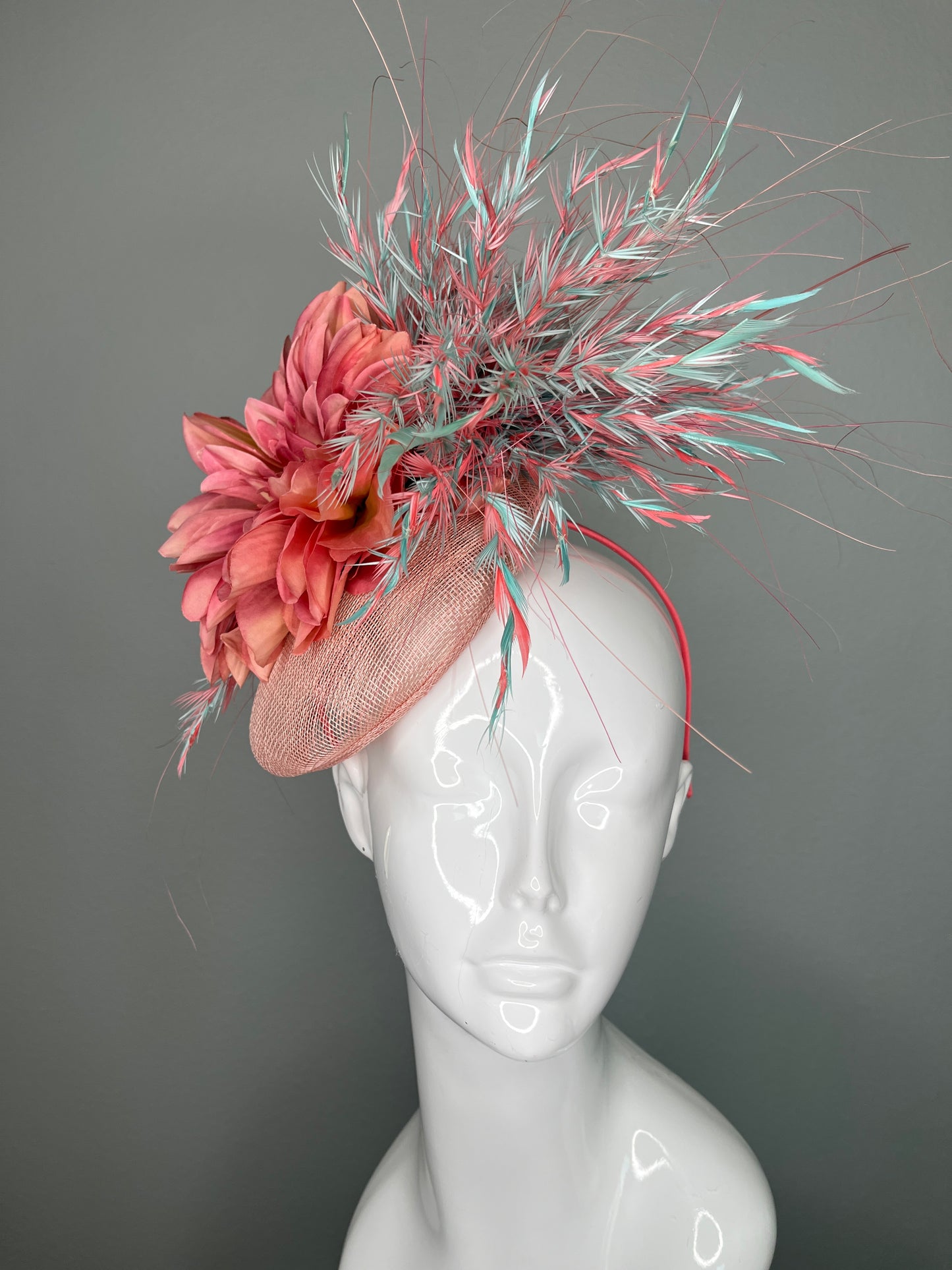 Coral and Blue Feather Fascinator Hat