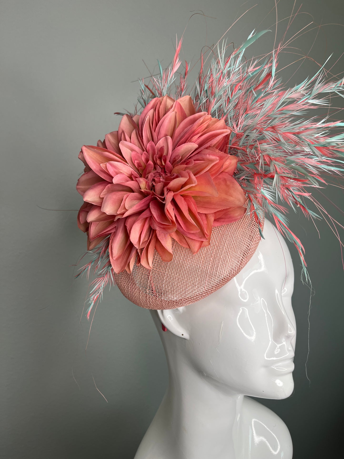 Coral and Blue Feather Fascinator Hat