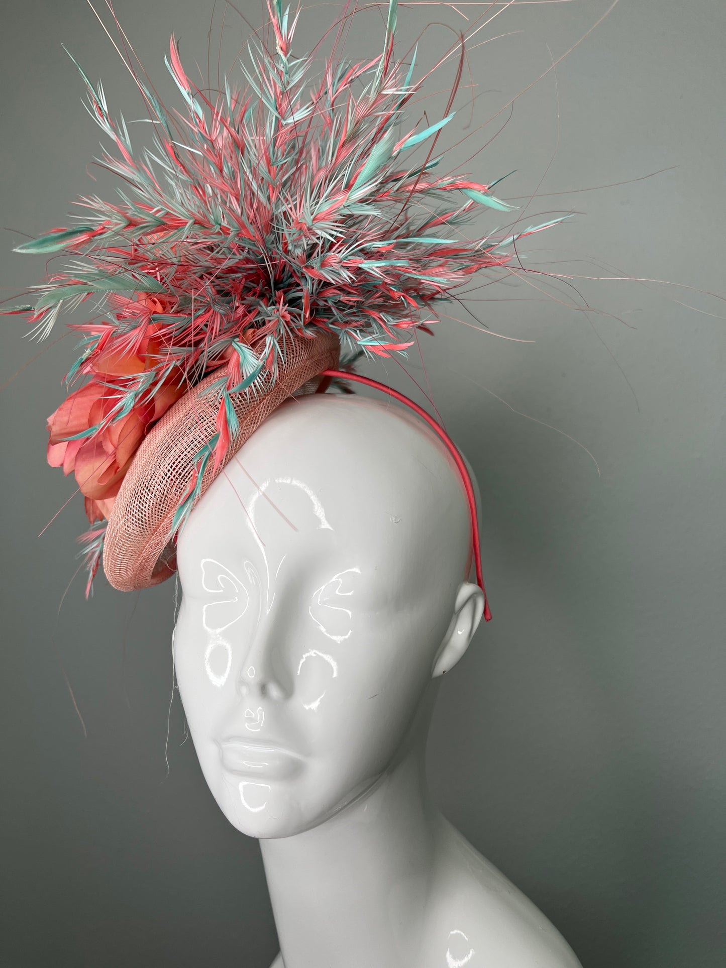 Coral and Blue Feather Fascinator Hat