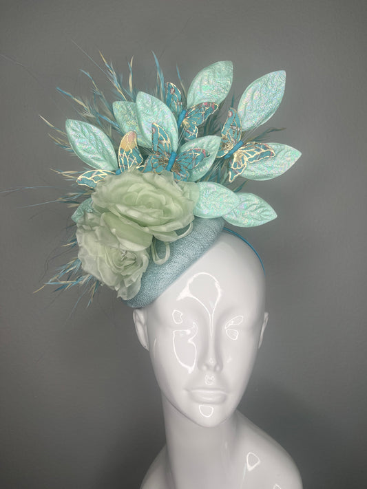 Whispering Wings Mint Silk Floral  Butterfly Fascinator Hat
