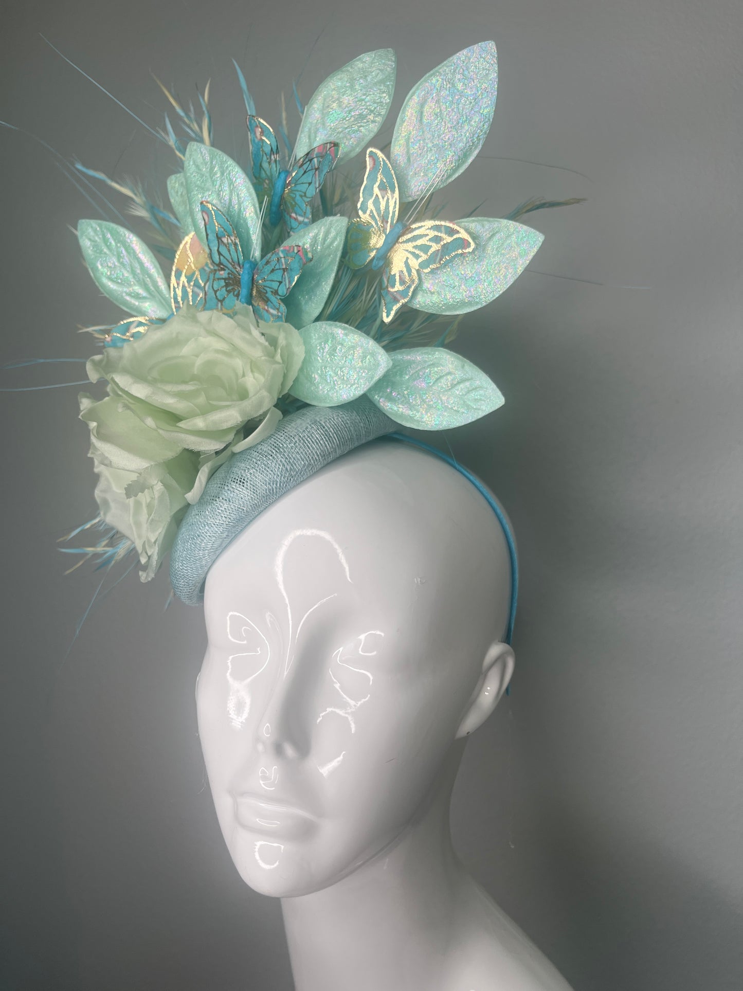 Whispering Wings Mint Silk Floral  Butterfly Fascinator Hat