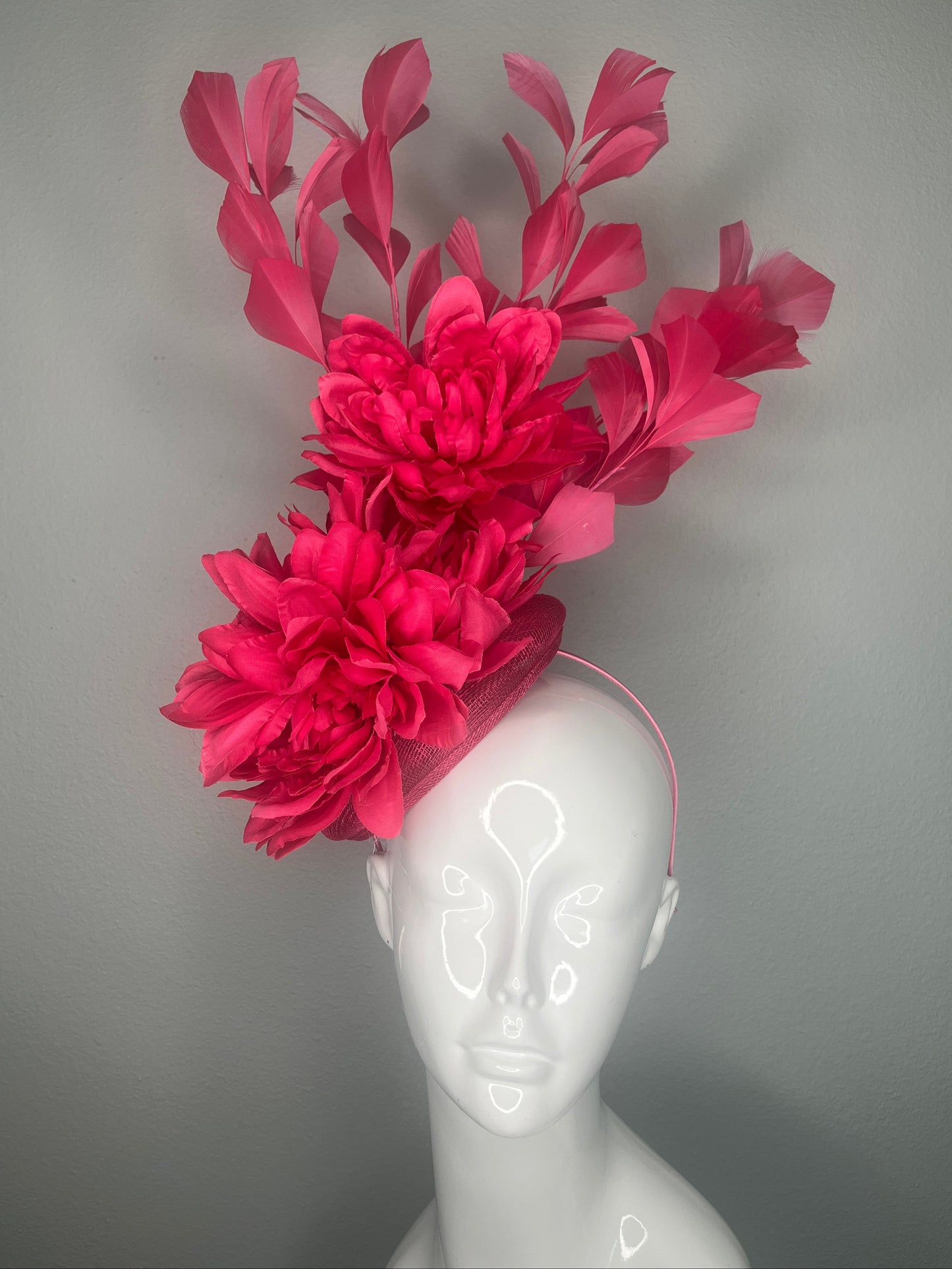 Fuchsia Flame Pink Feather Statement Fascinator Hat
