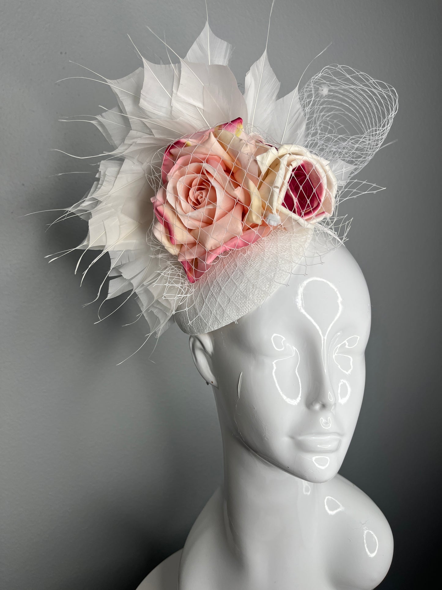 Blushing Petals Pink and White Roses Feather Fascinator Hat