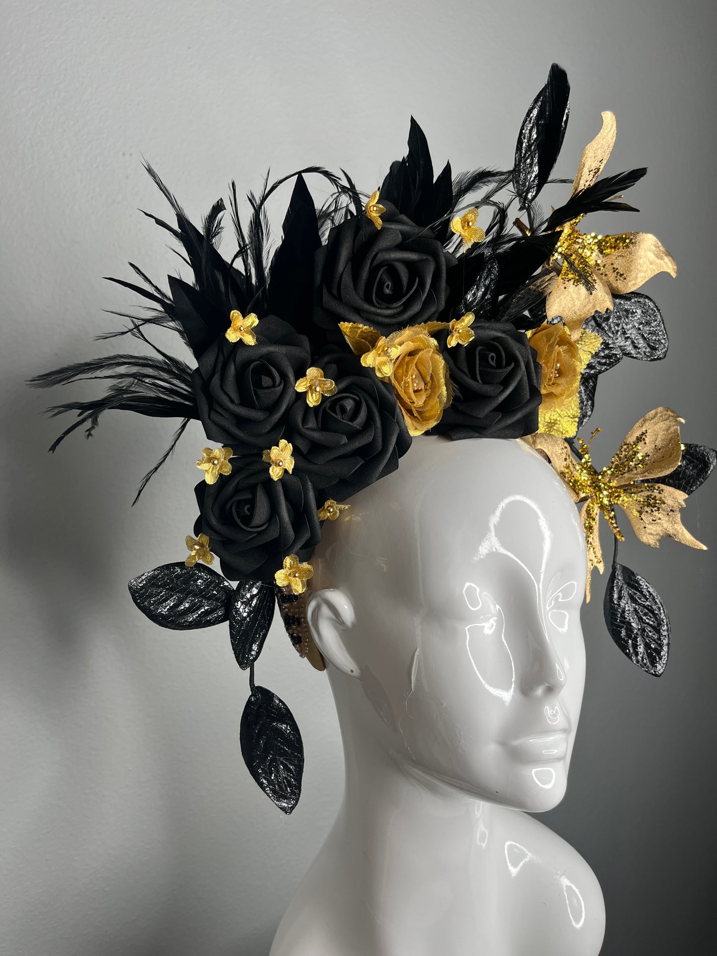 Midnight Majesty Black and Gold Feather Fascinator Hat