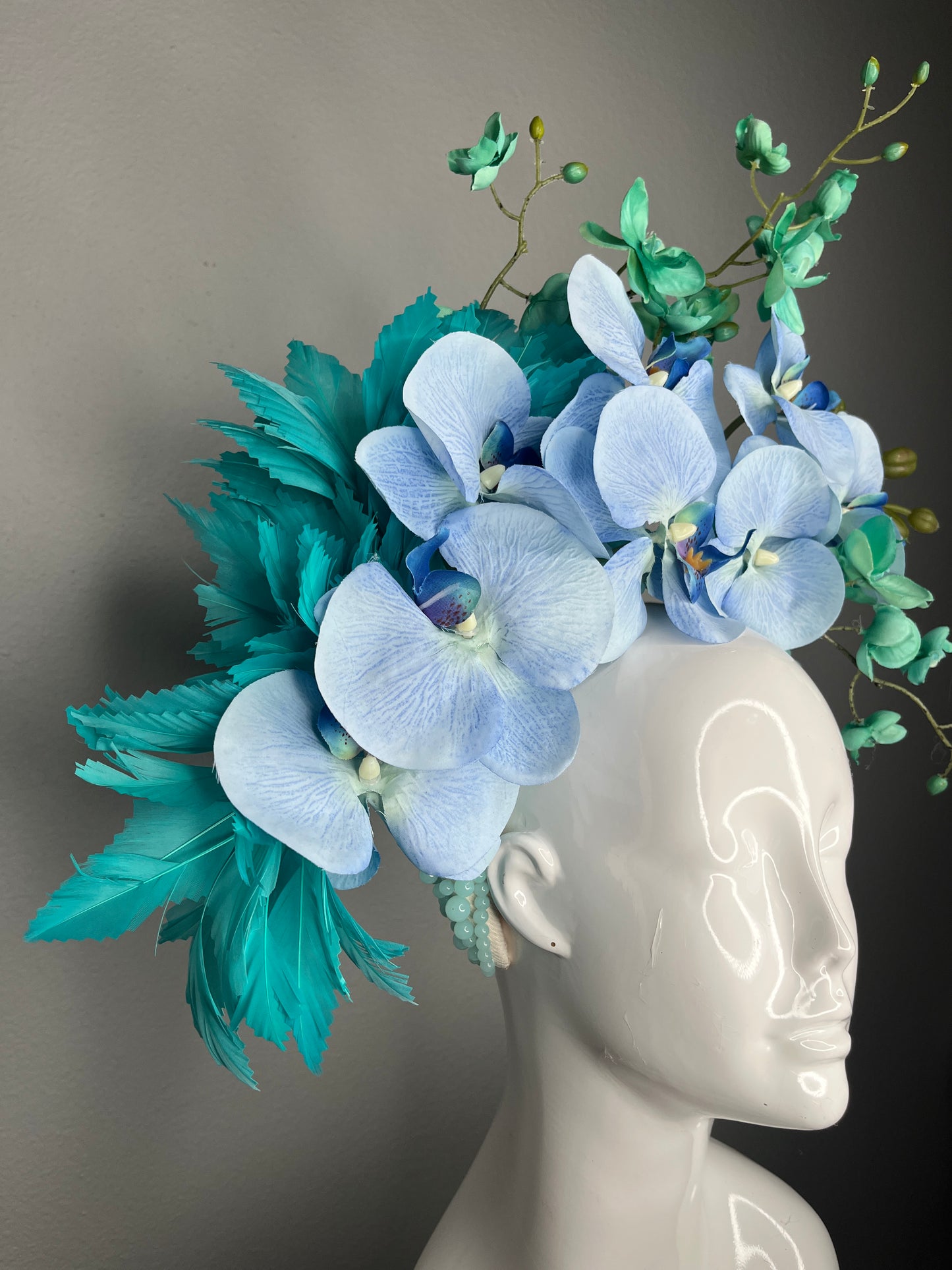 Azure Bloom Turquoise and Blue Orchid Feather Fascinator Hat