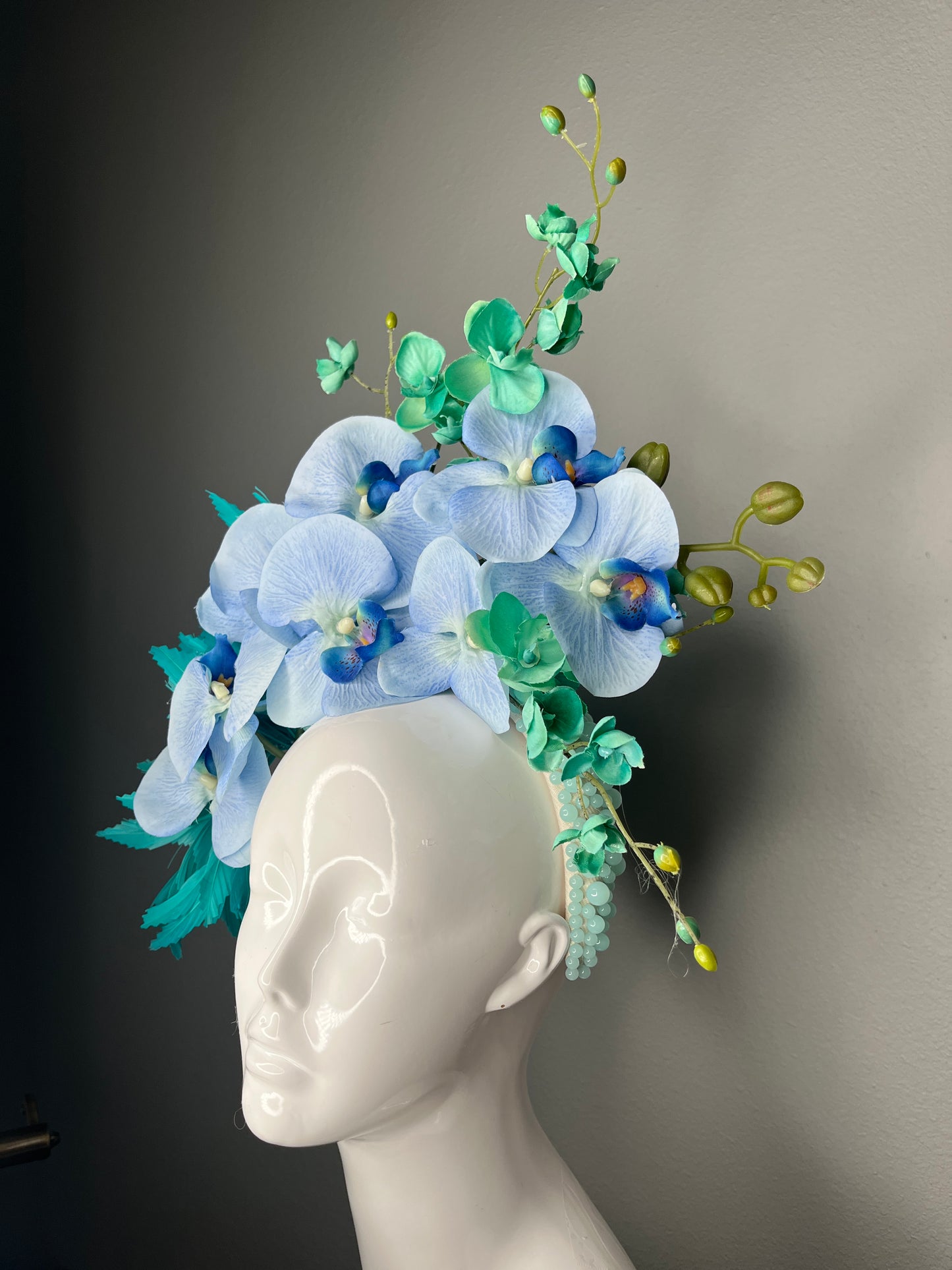 Azure Bloom Turquoise and Blue Orchid Feather Fascinator Hat