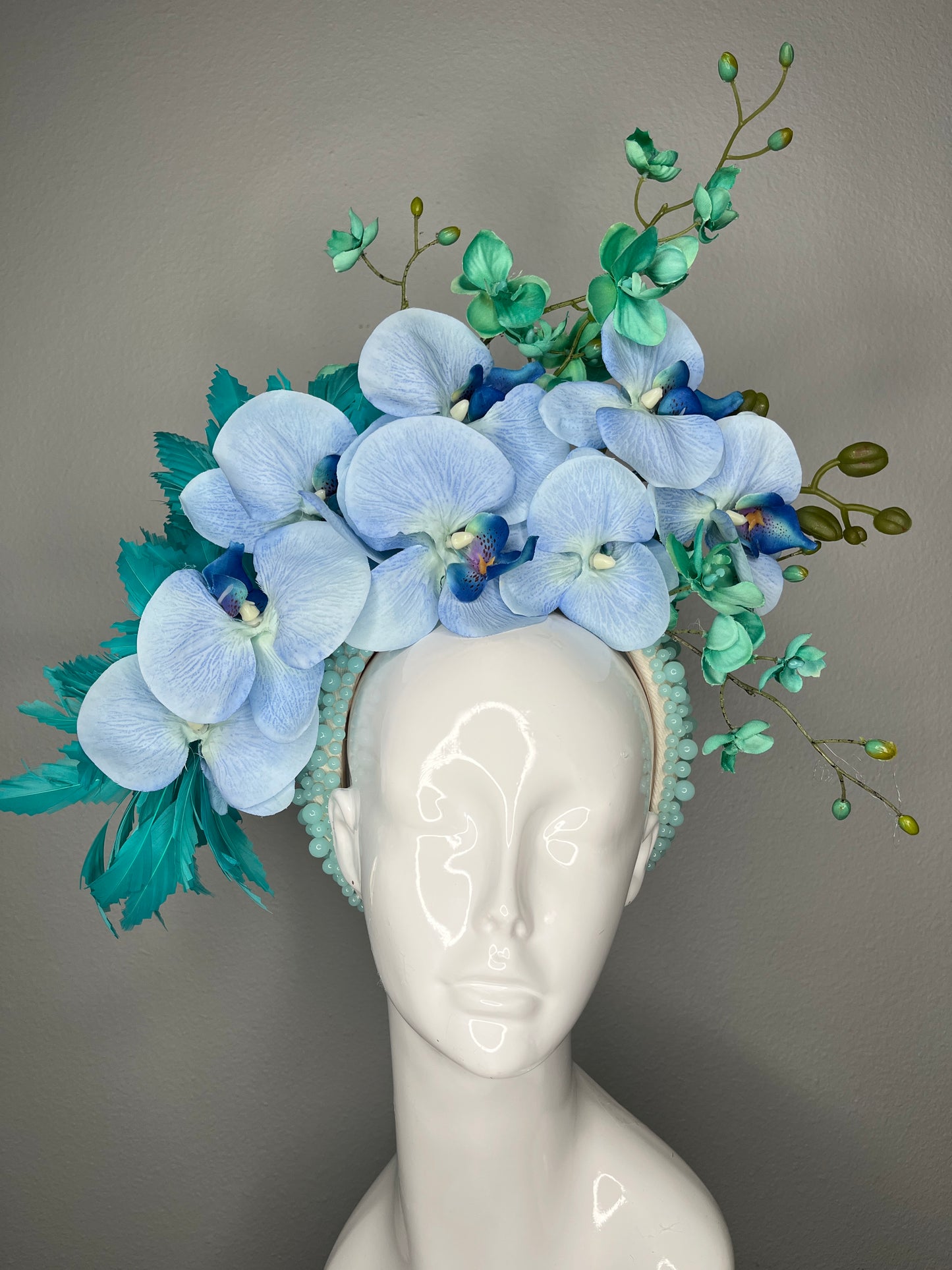 Azure Bloom Turquoise and Blue Orchid Feather Fascinator Hat