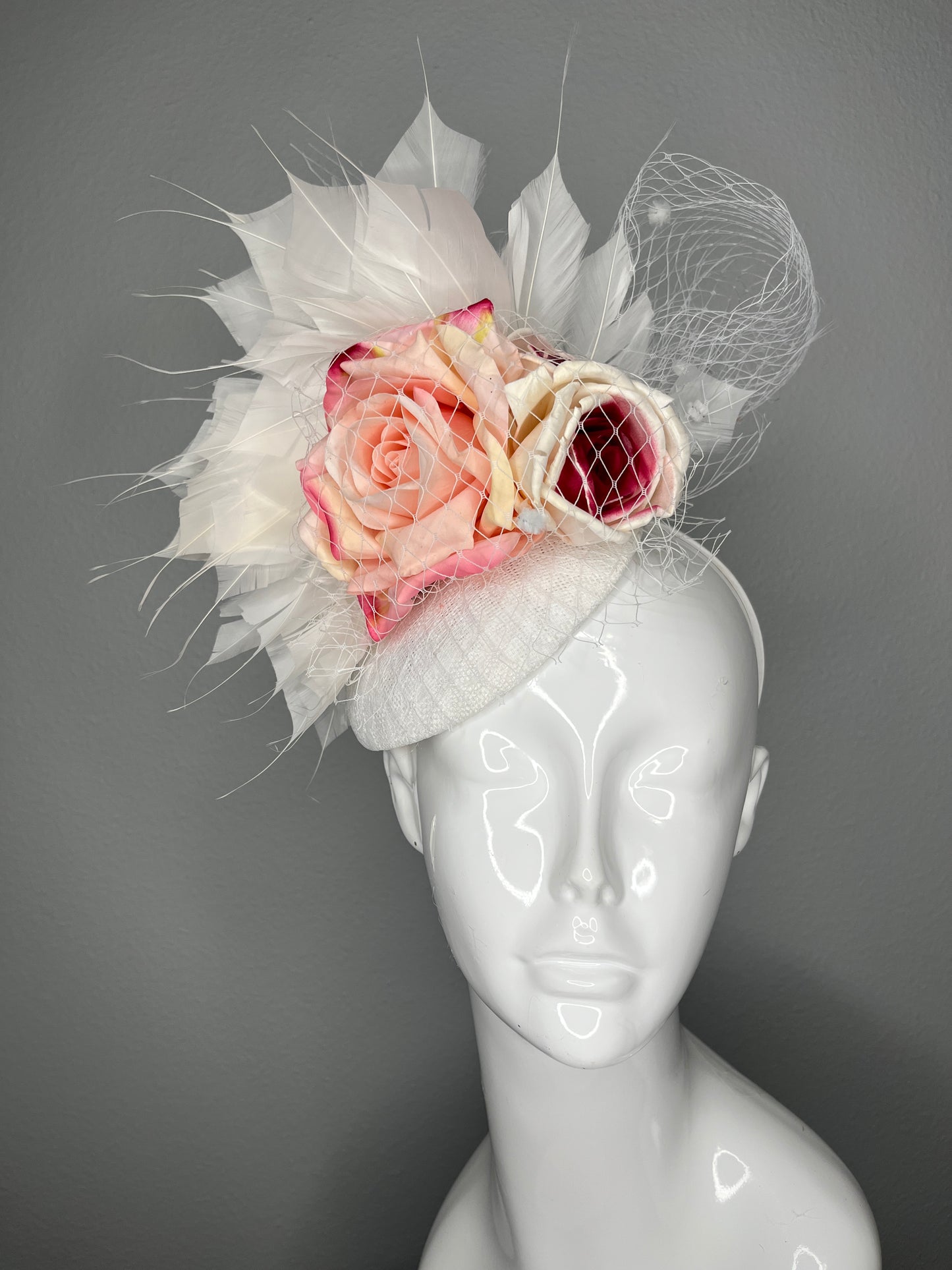 Blushing Petals Pink and White Roses Feather Fascinator Hat
