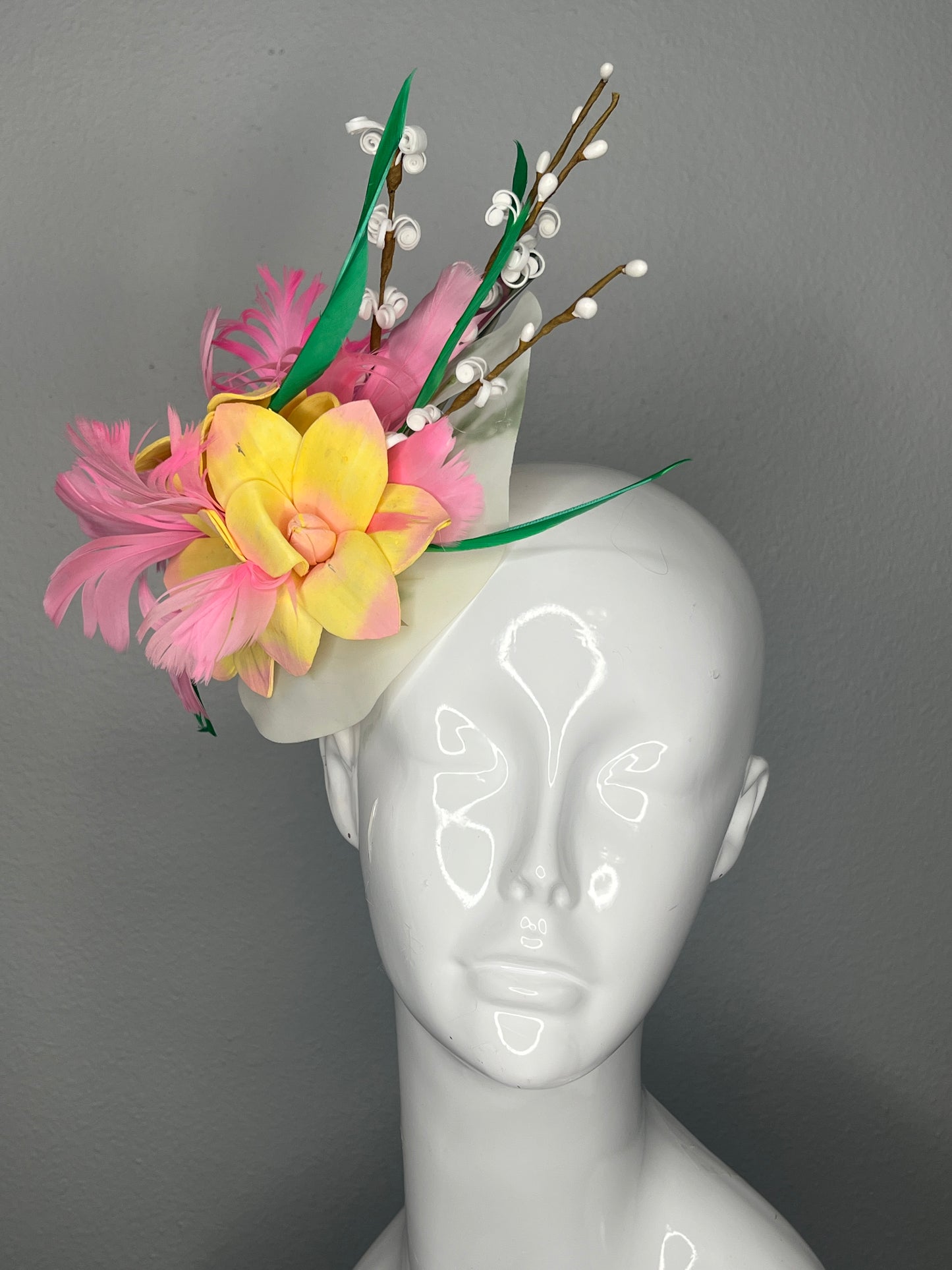 Tropic Bloom Pink and Yellow Tiki Feather Fascinator Headband or Clip