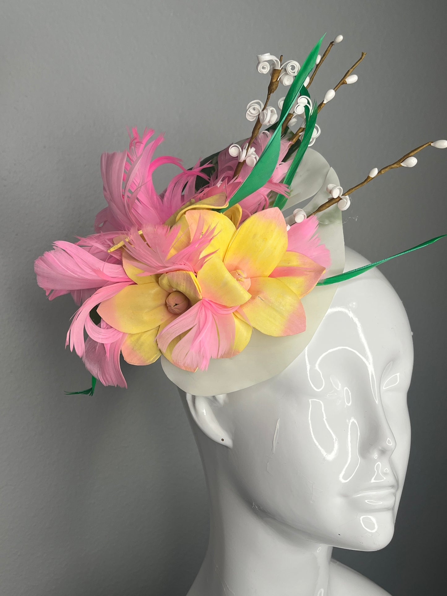 Tropic Bloom Pink and Yellow Tiki Feather Fascinator Headband or Clip