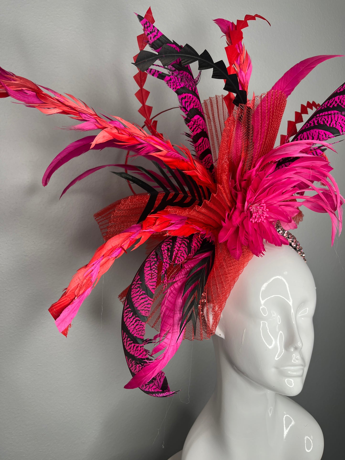 Red Pink Black Crimson Eclipse Feather Fascinator