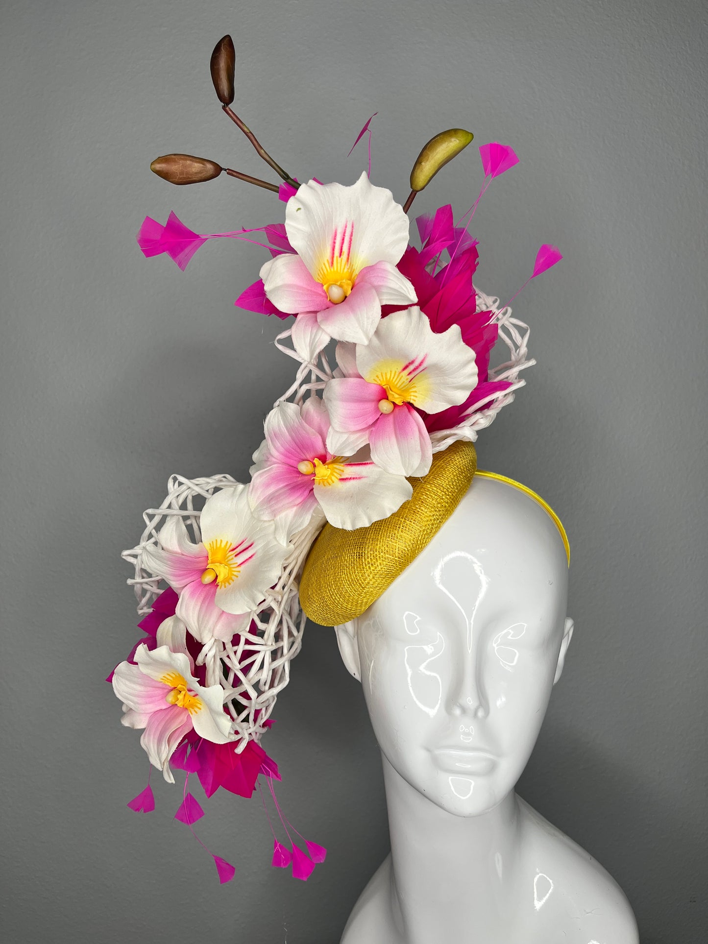 White and Pink Orchid with Hot Pink Feathers and Yellow Sinamay Fascinator Hat