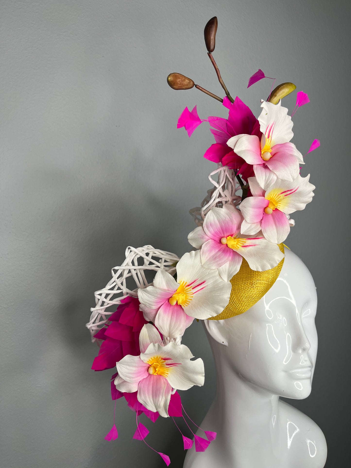 White and Pink Orchid with Hot Pink Feathers and Yellow Sinamay Fascinator Hat