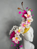 White and Pink Orchid with Hot Pink Feathers and Yellow Sinamay Fascinator Hat