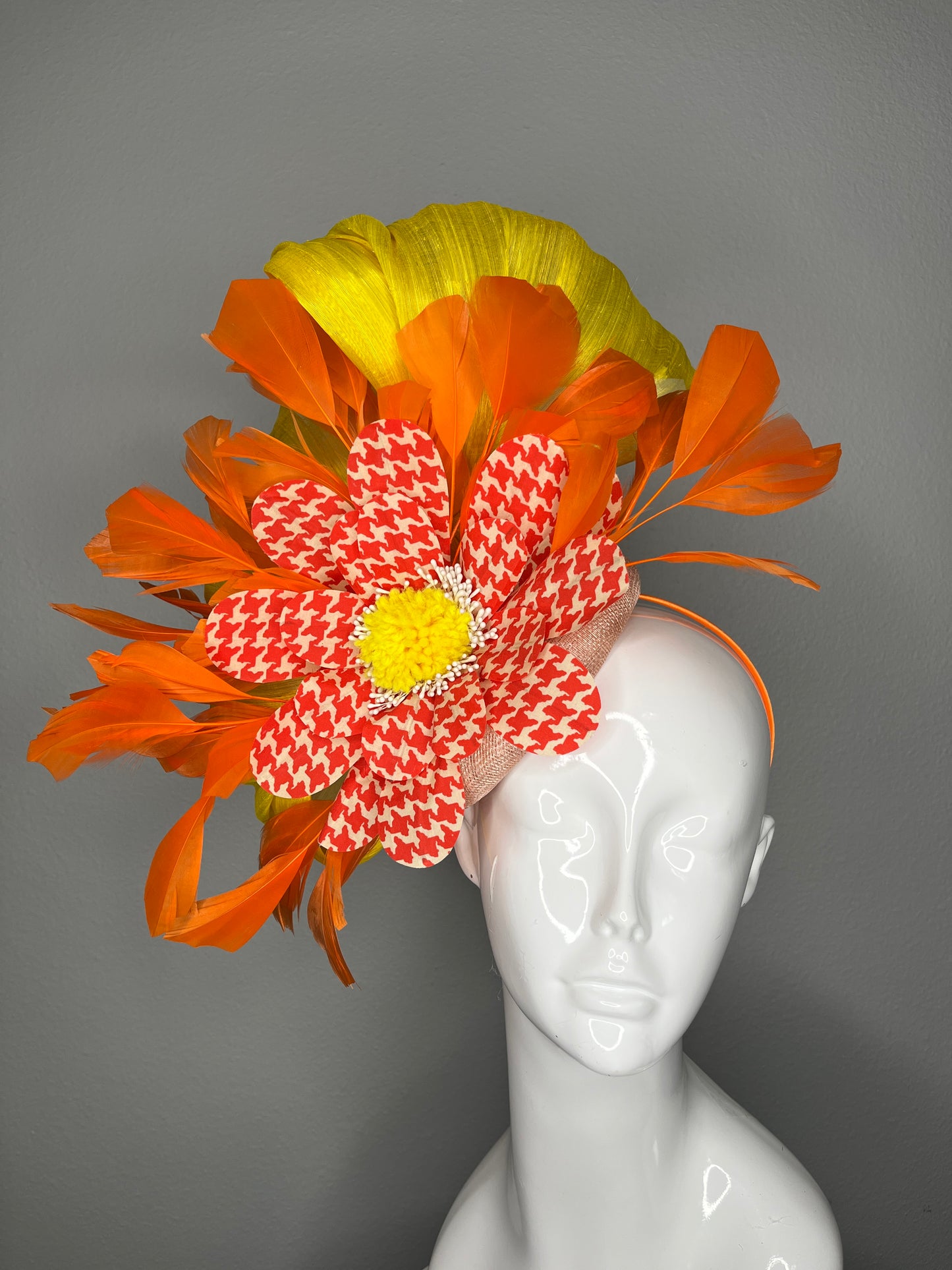 Orange and Yellow Feather Fascinator with Orange and White Houndstooth Flower