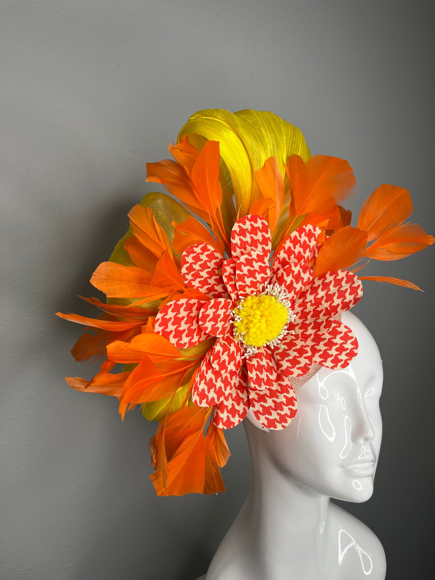 Orange and Yellow Feather Fascinator with Orange and White Houndstooth Flower