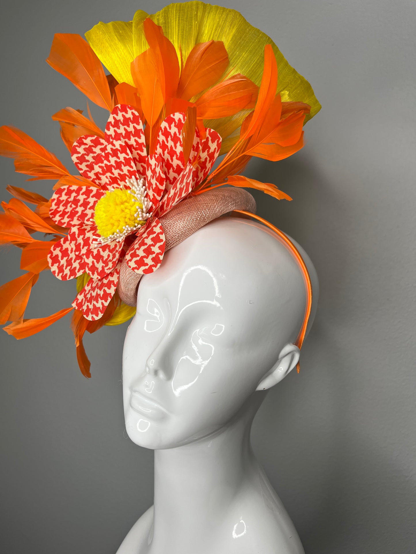 Orange and Yellow Feather Fascinator with Orange and White Houndstooth Flower