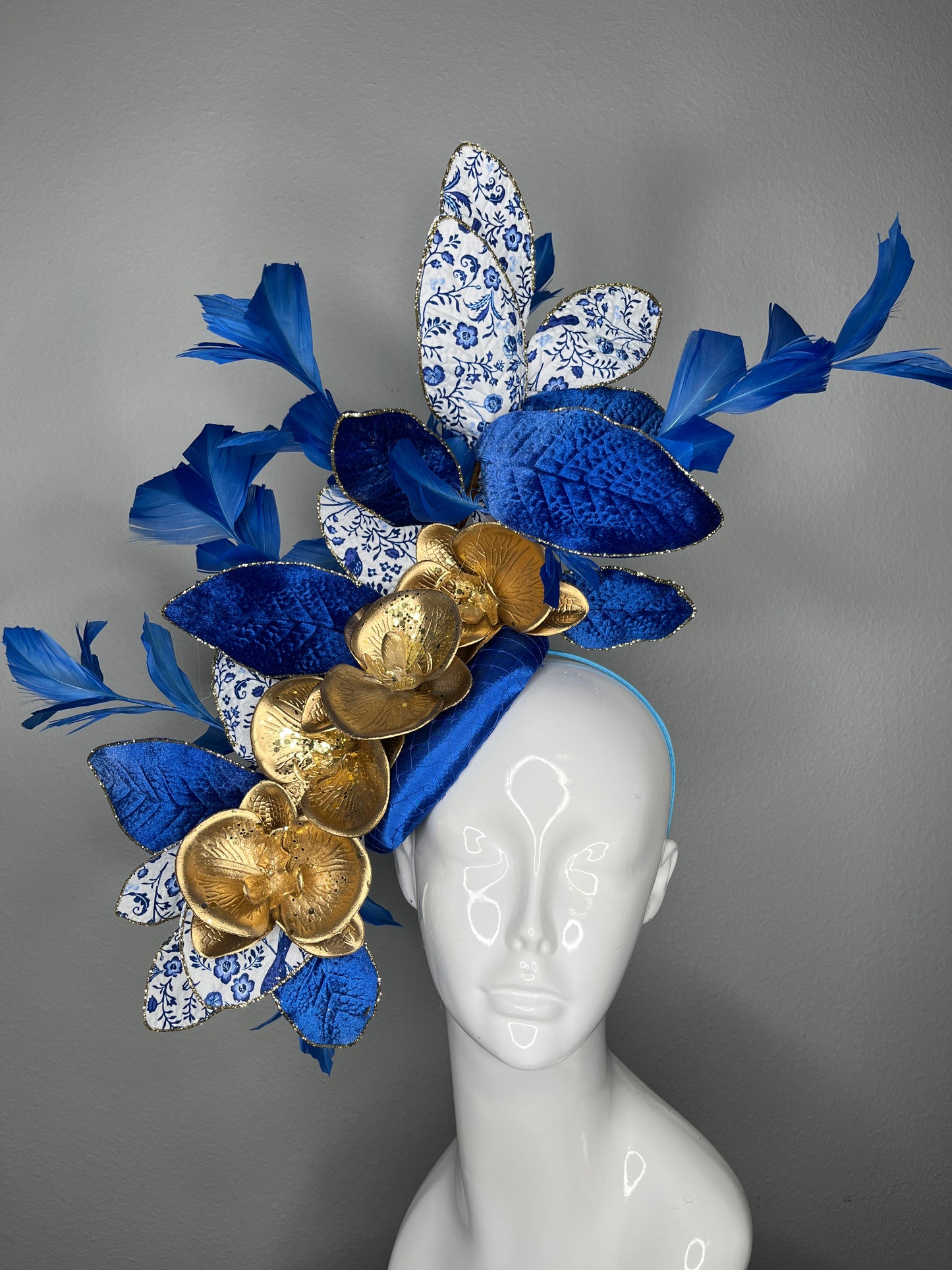 Royal Blue and Gold Fascinator with Velvet Leaves  Porcelain Print Accents  and Gold Orchids Fasciantor Hat