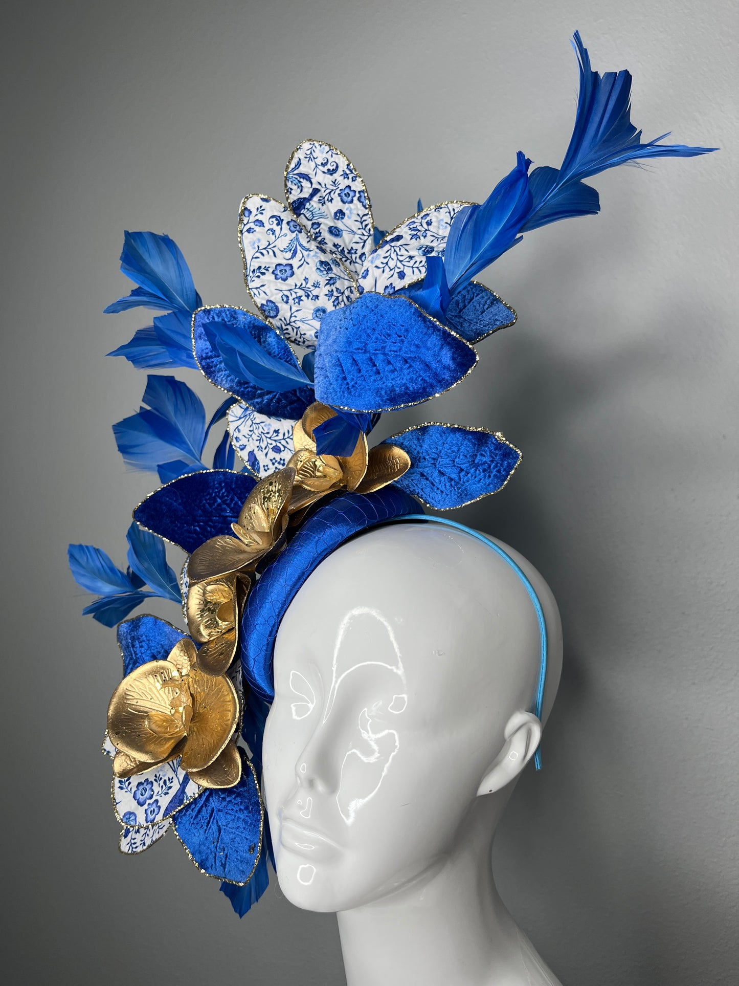 Royal Blue and Gold Fascinator with Velvet Leaves  Porcelain Print Accents  and Gold Orchids Fasciantor Hat