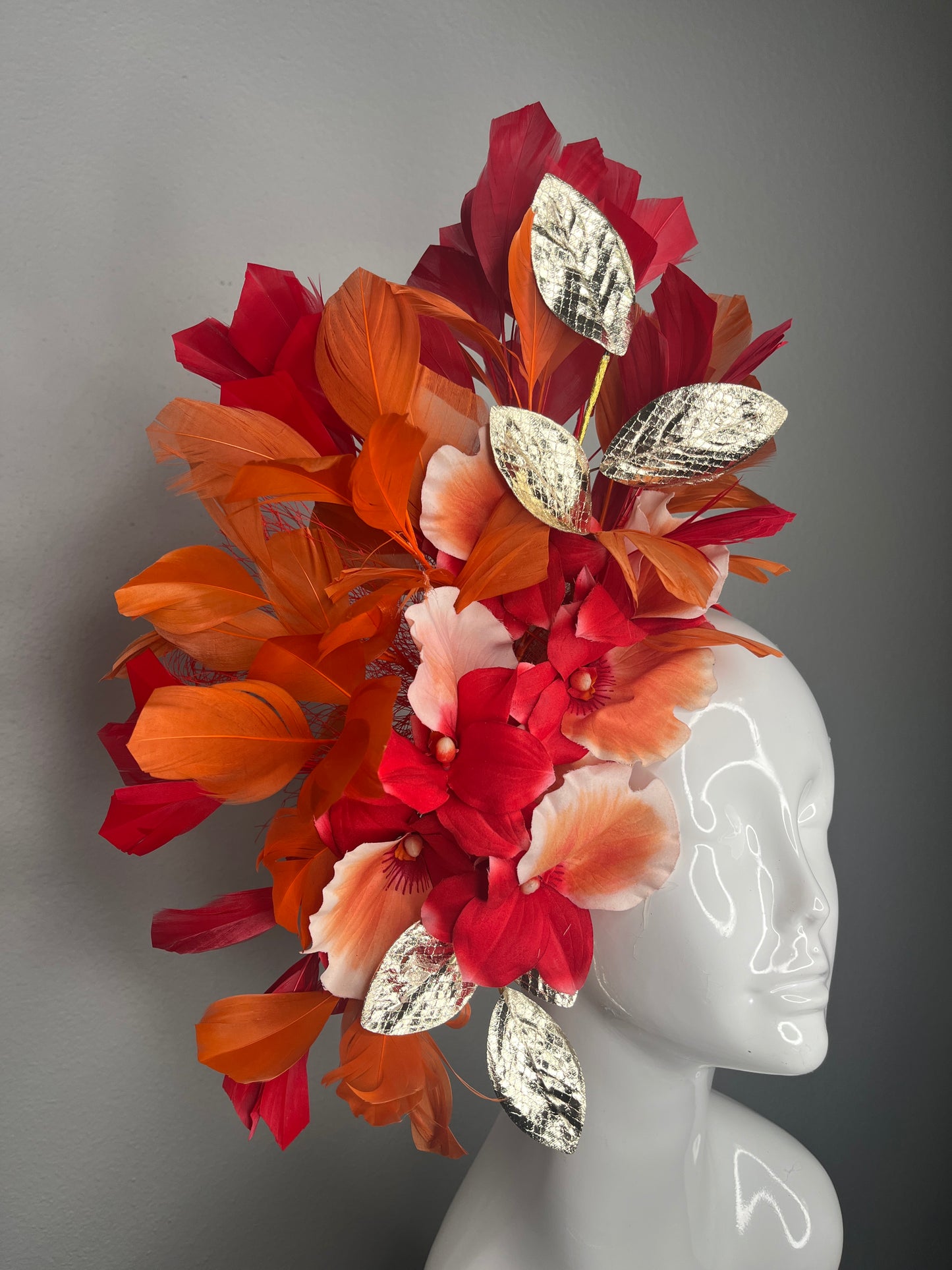 Red and Orange Feather Fascinator with Gold Leaves and Blooms
