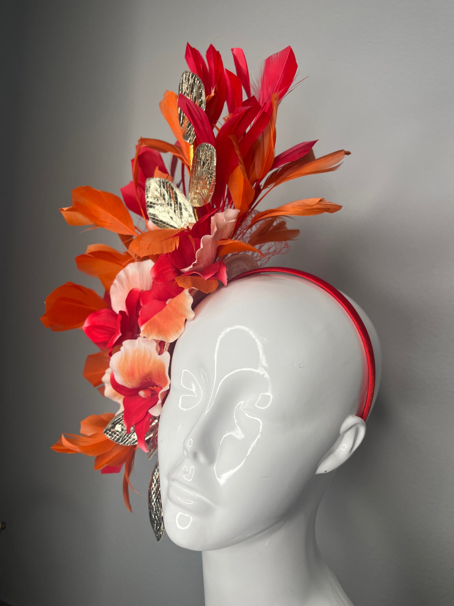 Red and Orange Feather Fascinator with Gold Leaves and Blooms