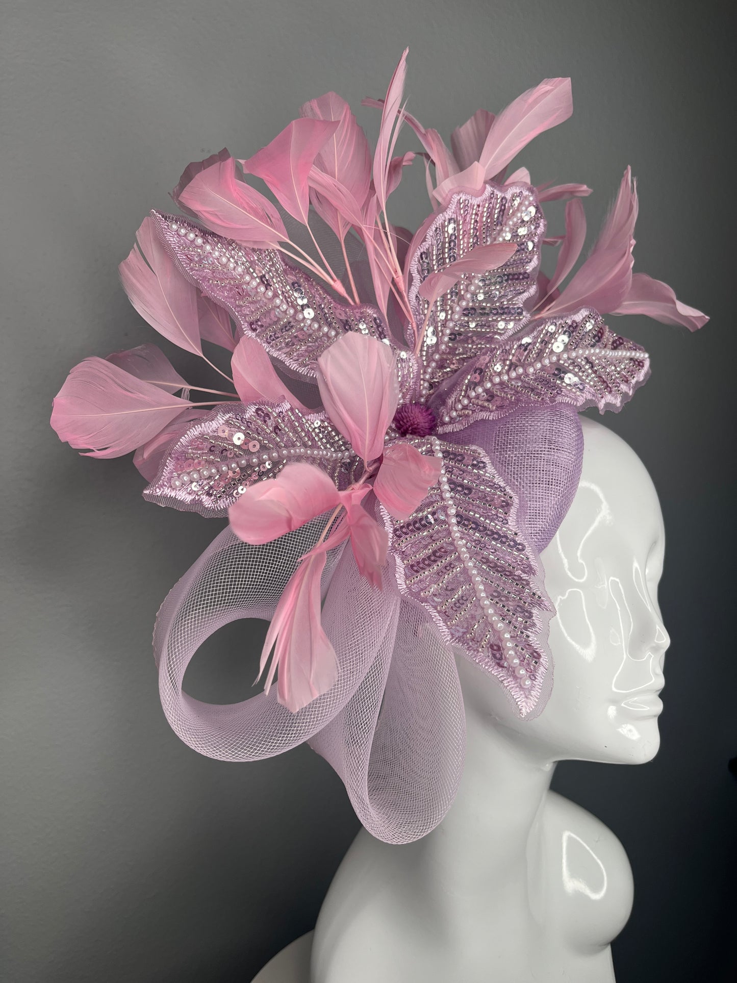 Lavender Sequin Leaf and Pink Feather Fascinator Hat