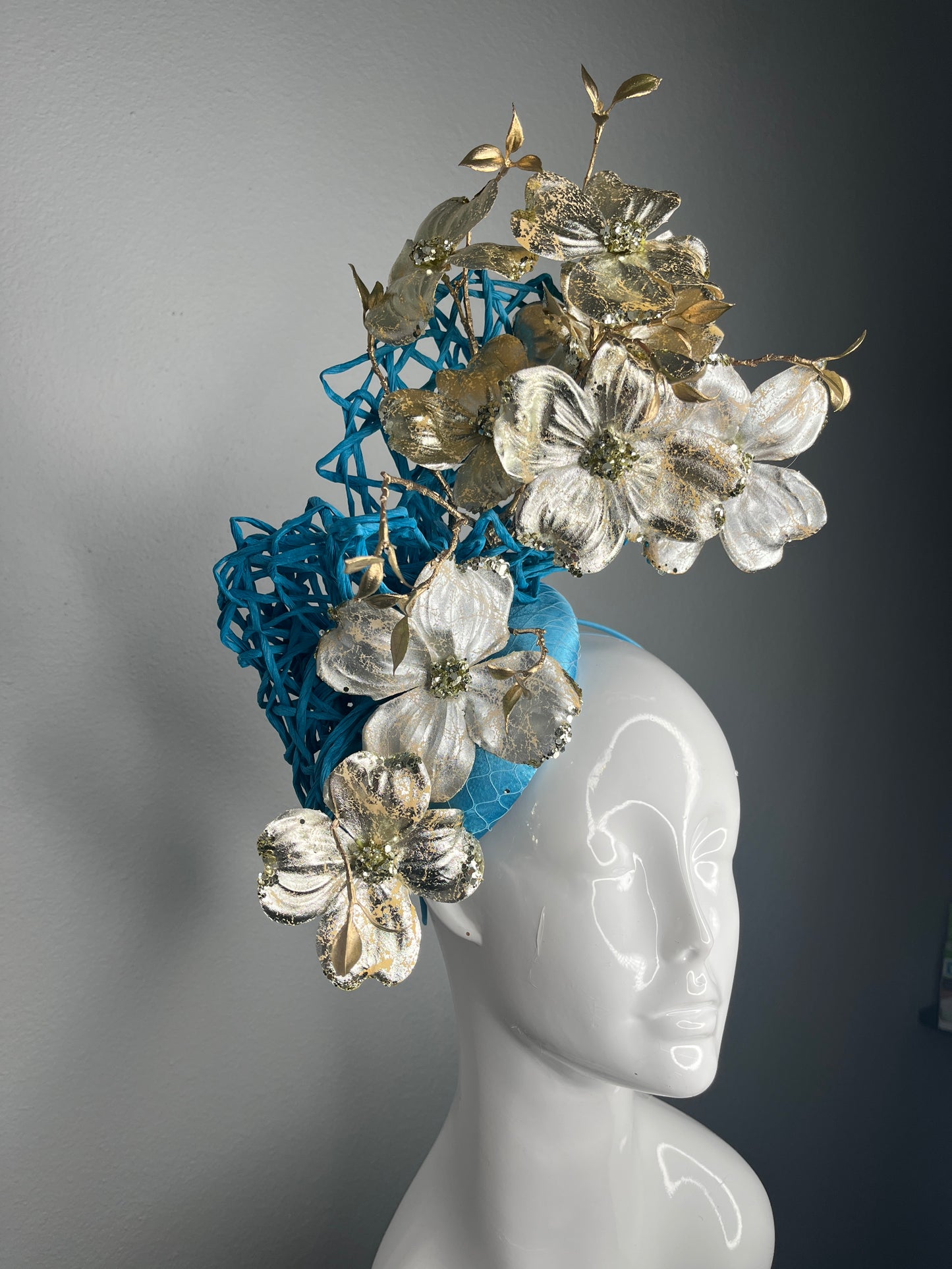 Turquoise Sculpted  with Metallic Gold Dogwood Flowers Fascinator Hat