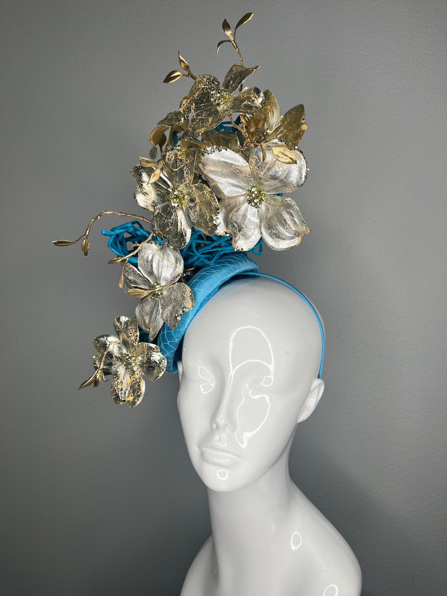 Turquoise Sculpted  with Metallic Gold Dogwood Flowers Fascinator Hat