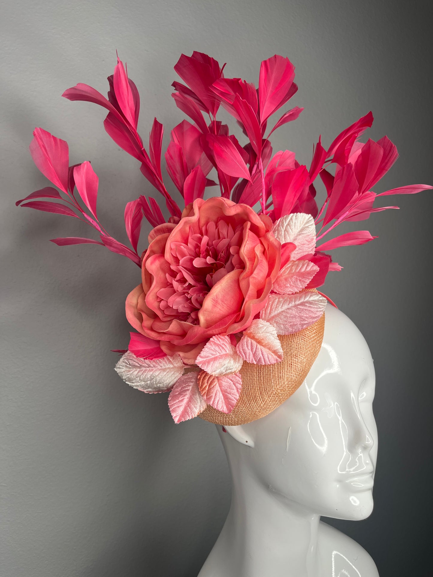 Coral Peony and Fuchsia Feather Fascinator on Peach Sinamay Base