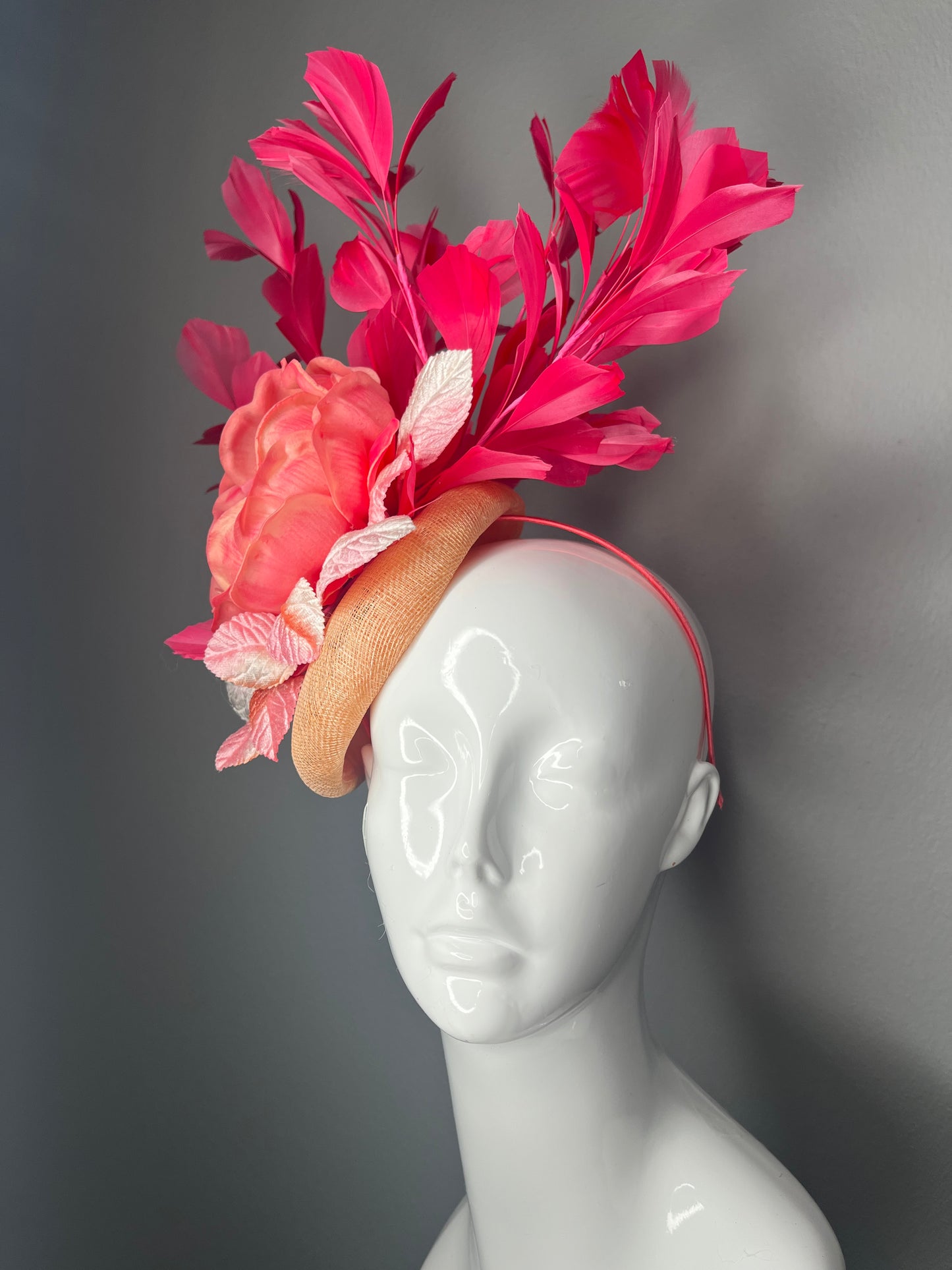 Coral Peony and Fuchsia Feather Fascinator on Peach Sinamay Base