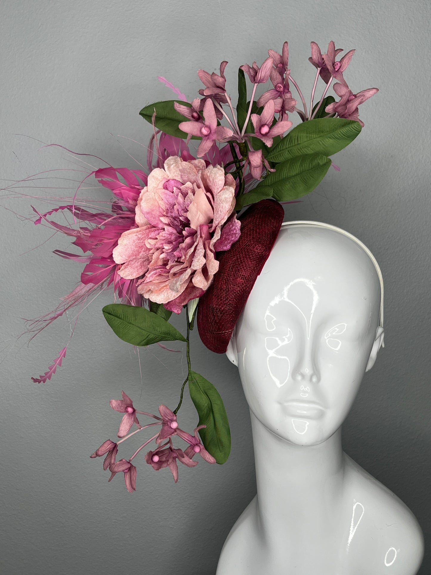 Pink Peony & Fuchsia Orchid Feather Fascinator on Deep Berry Base