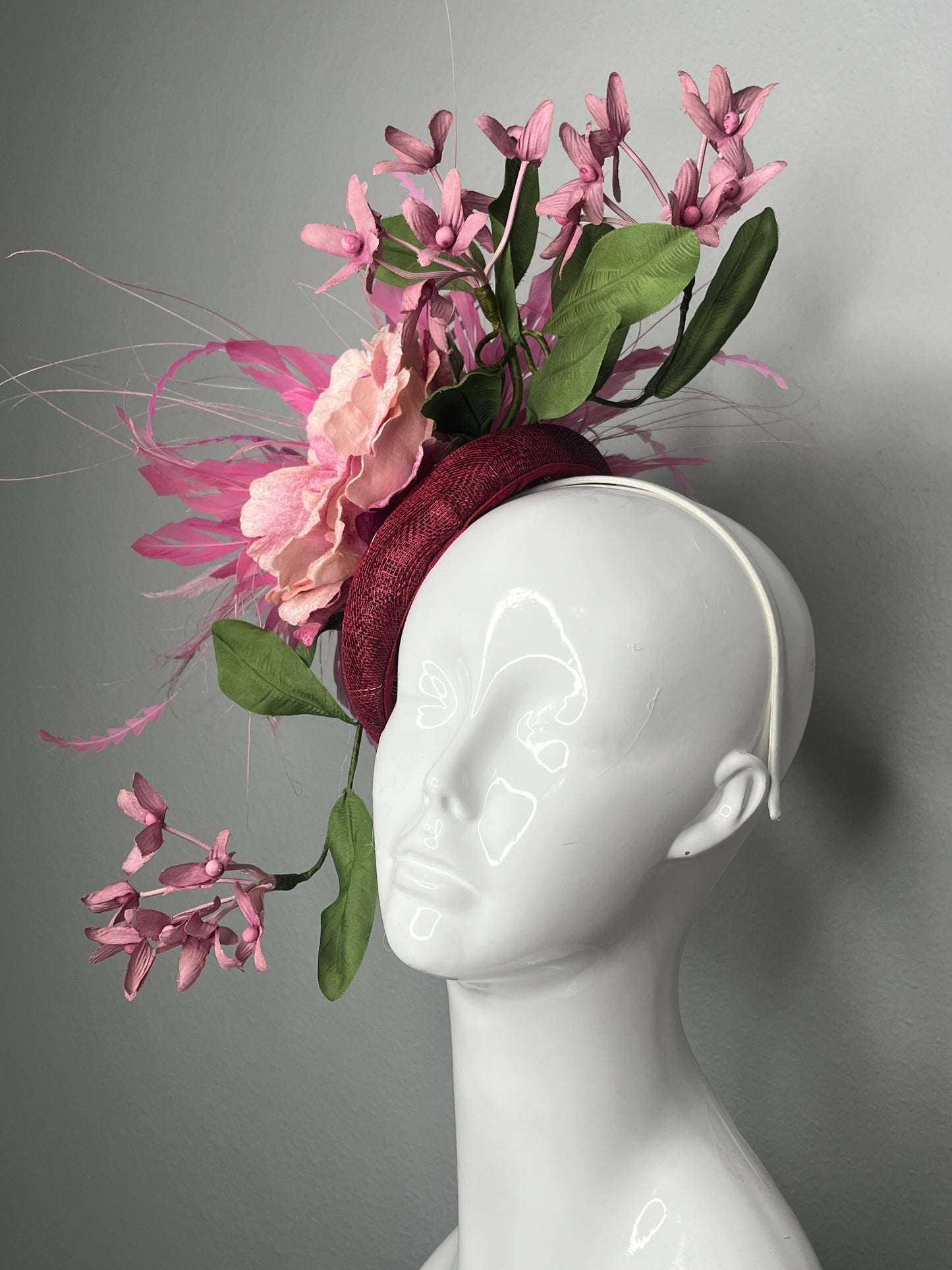 Pink Peony & Fuchsia Orchid Feather Fascinator on Deep Berry Base