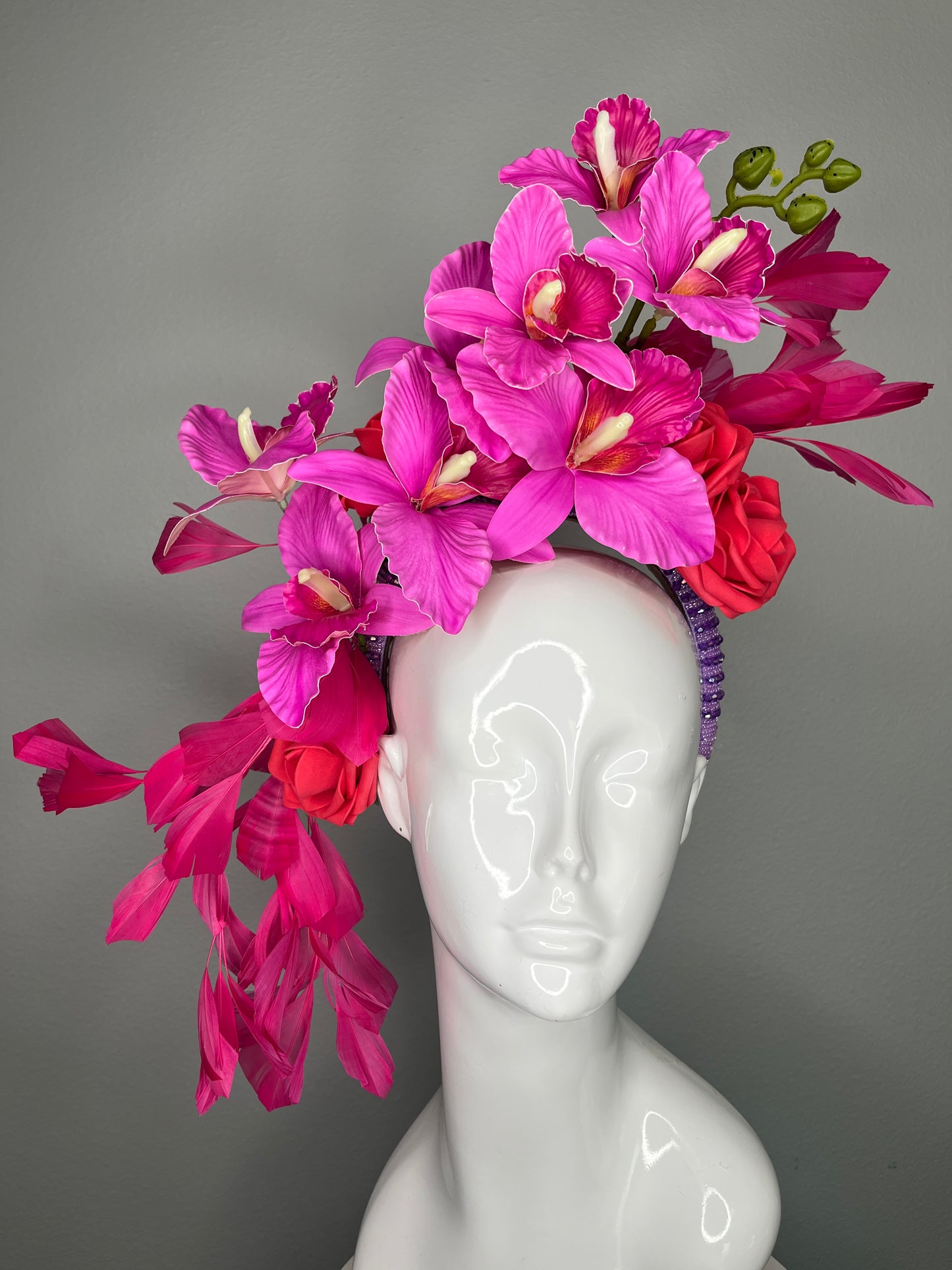 Vibrant Fuchsia Orchid & Feather Cascade Fascinator on Beaded Headband