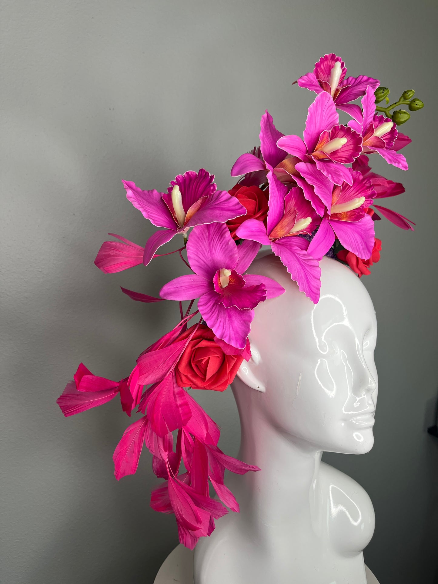 Vibrant Fuchsia Orchid & Feather Cascade Fascinator on Beaded Headband