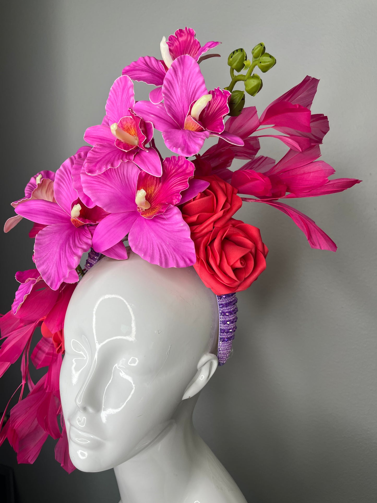 Vibrant Fuchsia Orchid & Feather Cascade Fascinator on Beaded Headband